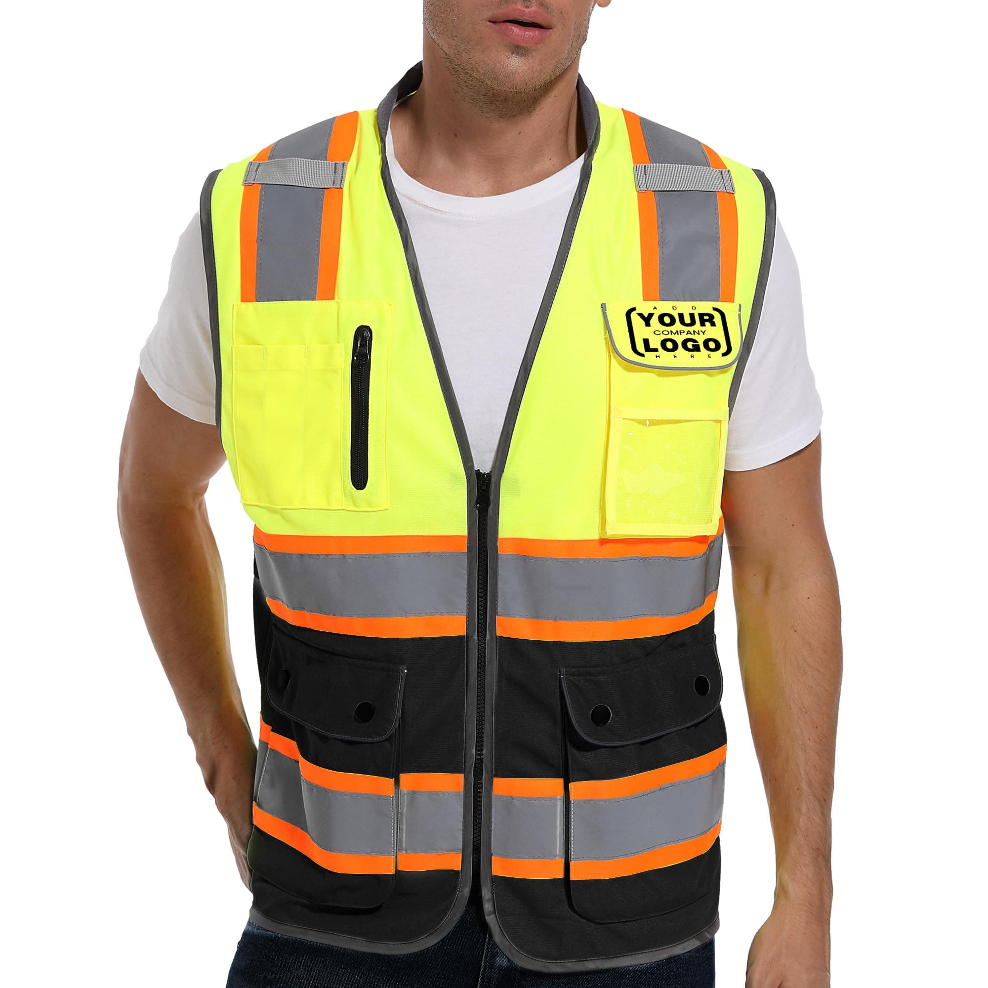 ArcRidge Reflective Safety Vest for Men and Women - Dual Tone Strips Class 2 High Visibility Construction Vest (Yellow-Black-Custom, Medium)