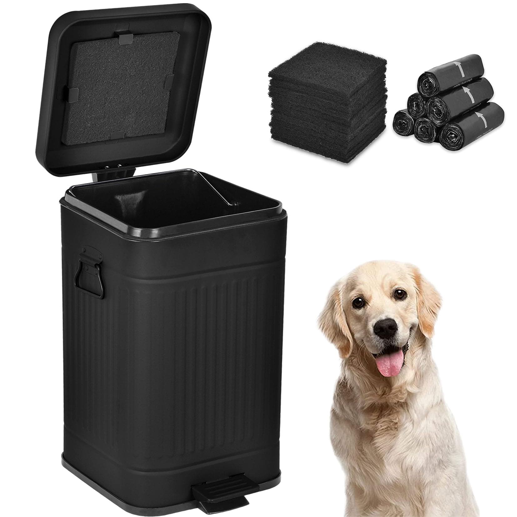 Umtiti Dog Poop Trash Can with Lid for Outdoors，3.2 Gallon Trash Can with Activated Carbon Filter & Plastic Bags, Pet Waste Container，UP12L-BK-F+90BK
