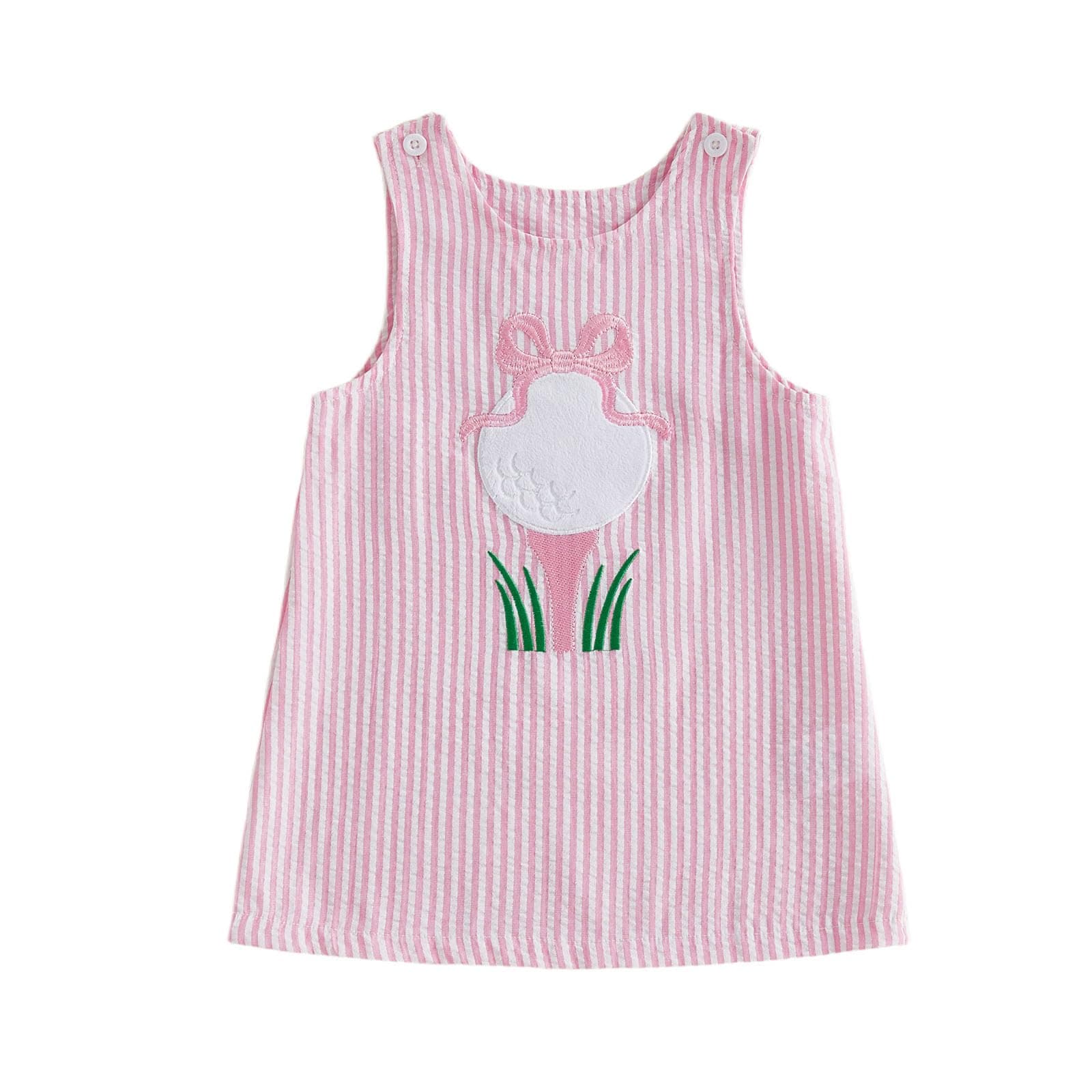 Yuemengxuan Toddler Baby Girl Golf Outfit Bow Golf Cart Embroidery Sleeveless Striped Dress Cute Summer Clothes (Pink, 12-18 Months)