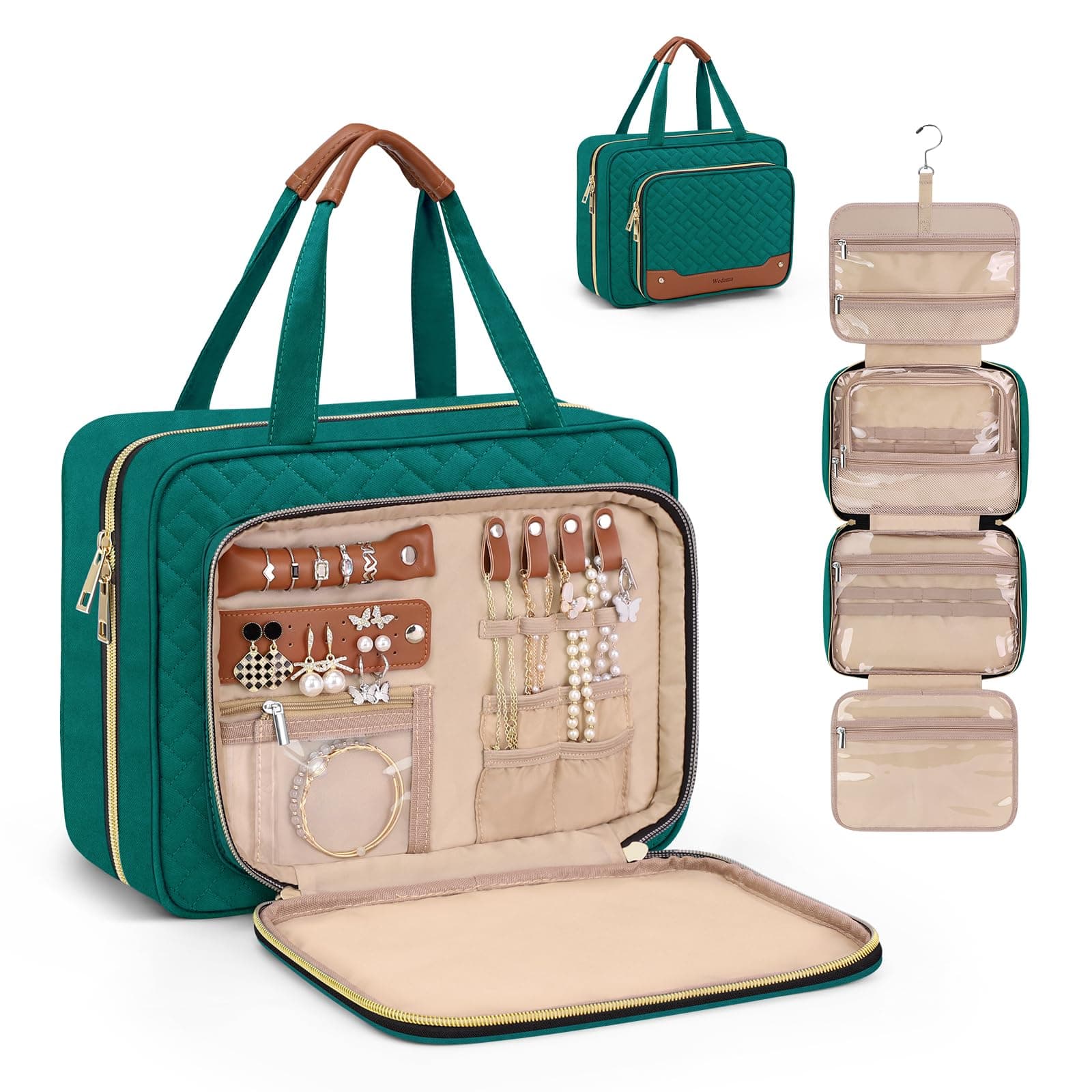 Wedama Toiletry Bag for Women, Hanging Travel Toiletry Bag with Jewelry Organizer Compartment Makeup Bag, PVC Waterproof Cosmetic Travel Bag Trips Camping Bathroom, Green