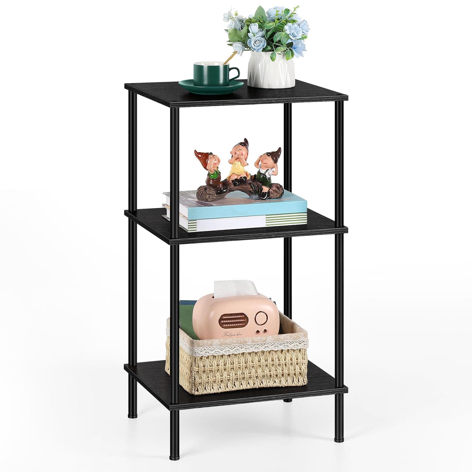 30 Inch Tall End Table 3 Tier Small Side Table for Small Space Black Tall Nightstand with Metal Frame, Vintage Tall Side Table for Home Office, Living Room, Hallway