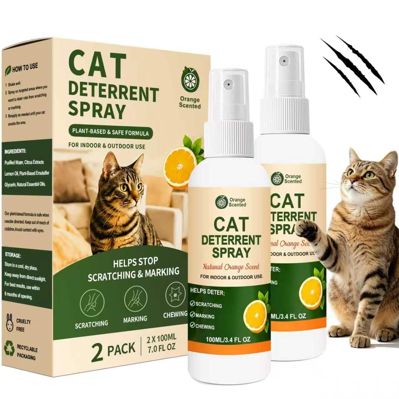 Cat Deterrent Spray for Furniture, Natural Cat Training Spray to Stop Scratching, Urine Marking & Chewing, Safe for Indoor & Outdoor Use, Pet Friendly, Orange Scent, 2 Pack（7.0 Oz）
