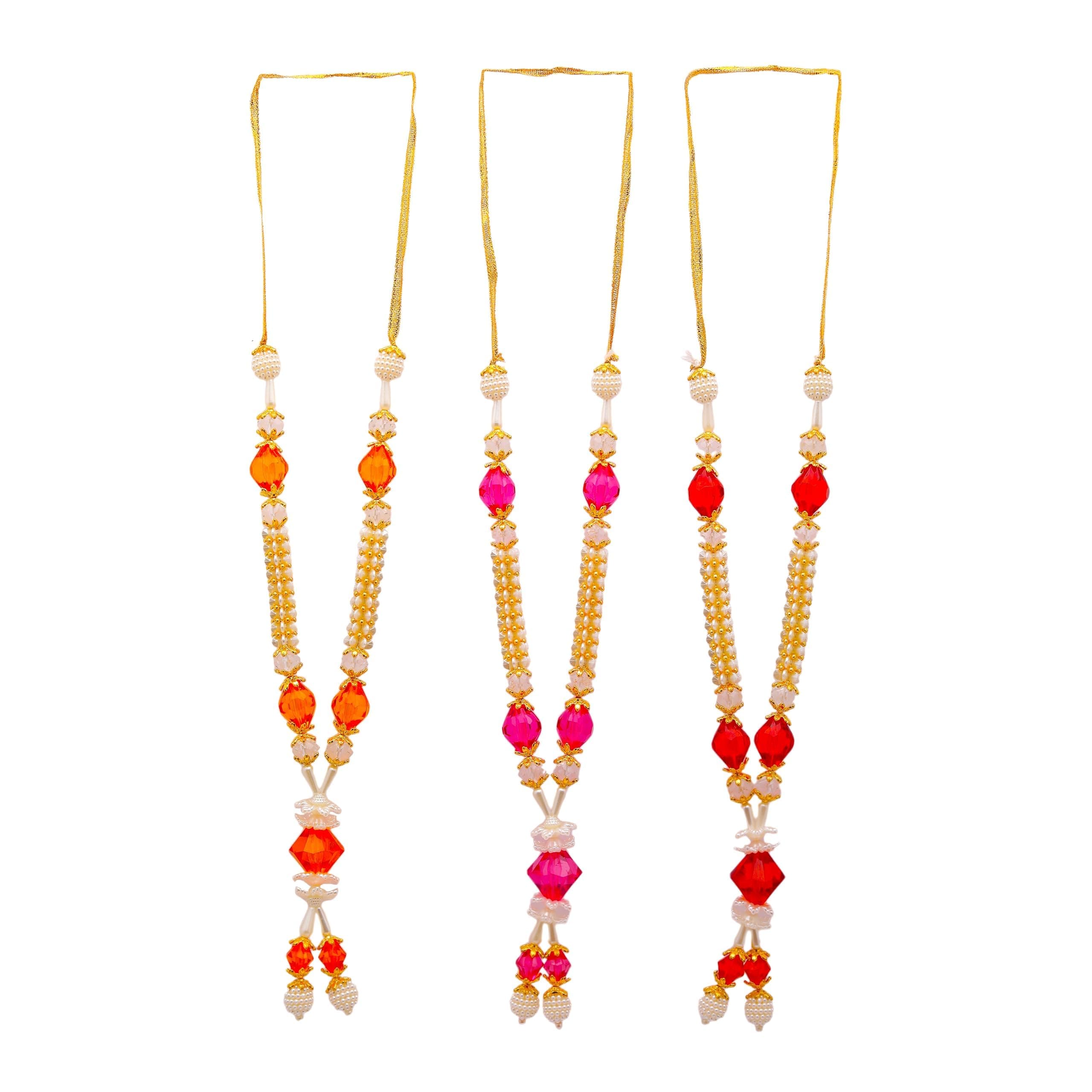 Set of 3 Mala Artificial Beads Ribbon Garland Pooja Sringar Articles Ornament Indian Traditional Festival Laxmi Poojan New year Decorations Home Office Temple Decor God Frame Housewarming(Size:-8")