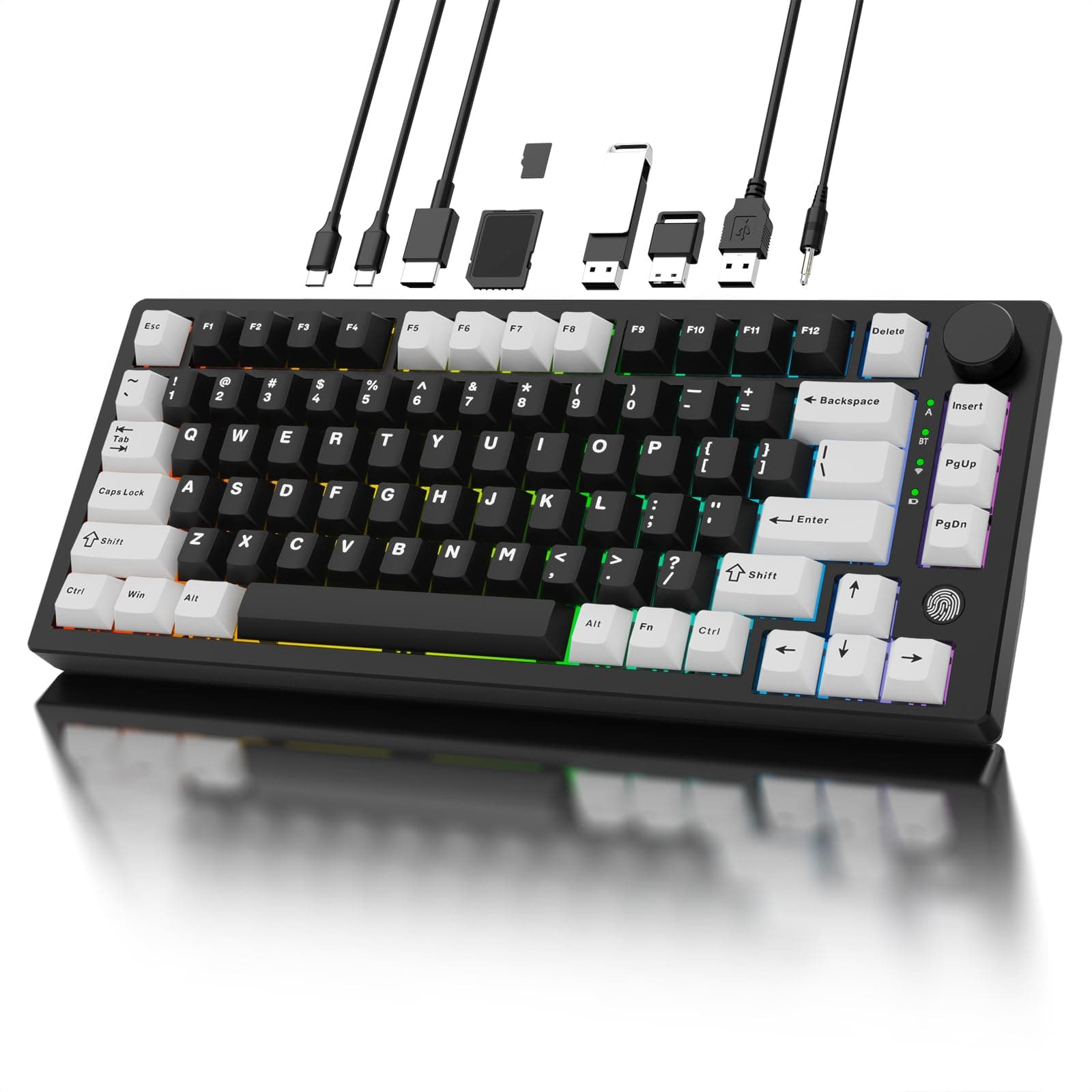 Sequin XQT FH75 Aluminum Mechanical Keyboard with USB-C Hub, Fingerprint Reader,75% Wireless Gaming Keyboard,Docking Station with 4K HDMI,USB 3.0,PD100W, Tri-Mode,Anodized Black