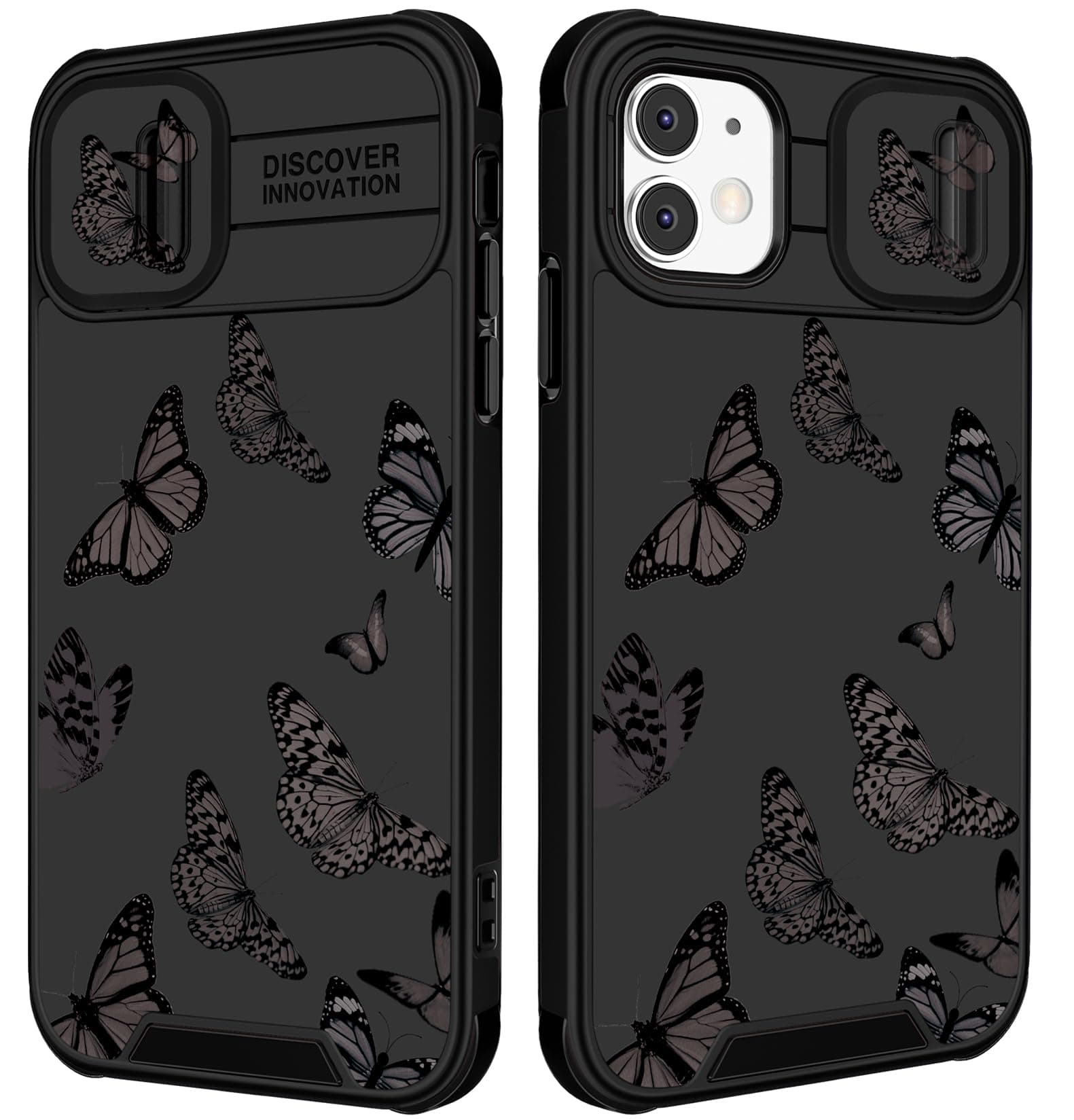 Funermei (2in1) for iPhone 11 Case for Women Butterfly Cute Girls Phone Cover Girly Pretty Aesthetic Kawaii Black Butterfly Unique Design with Camera Cover and Ring Stand Funda for Apple 11 Case