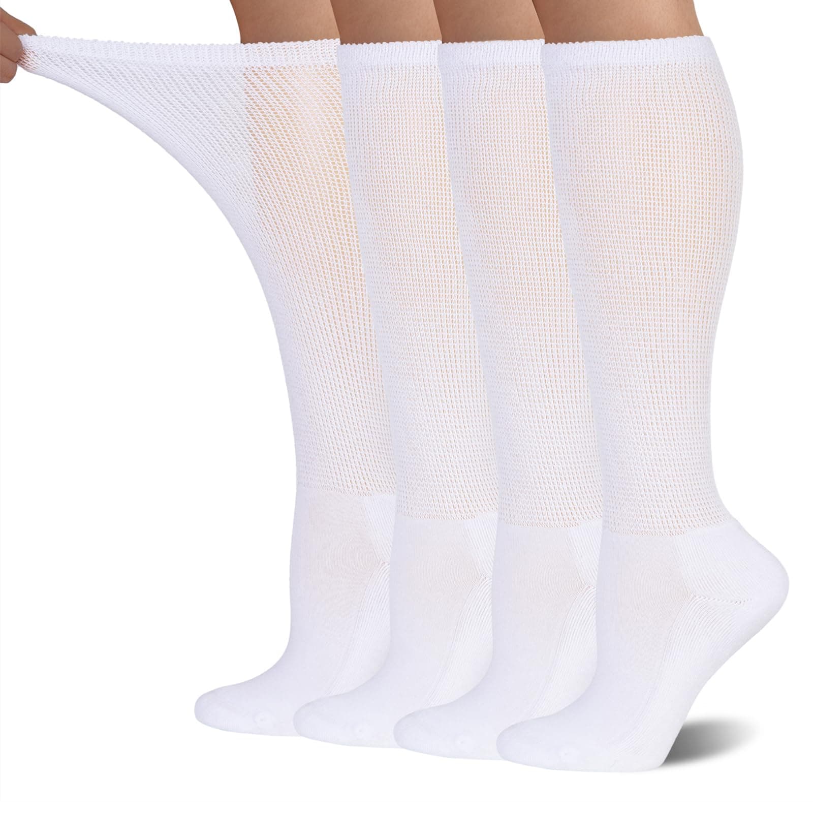 BampooPanPa Bamboo Rayon Knee High Diabetic Socks for Men & Women 4 Packs, Soft No-Binding Cushioned Sole Seamless Diabetic Socks, White(4 Pairs), 9-11