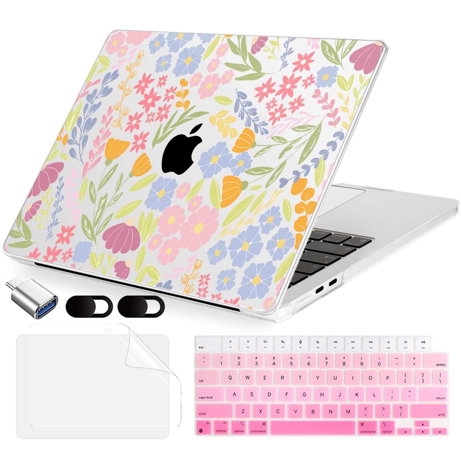 MecBevia Compatible with MacBook Air 13 inch Case, M4 A3240/M3 A3113/M2 A2681 (Released 2025 to 2022), Hard Shell, Keyboard Cover, Screen Protector, Webcam Cover & Type-C Adapter, Seamless Floral