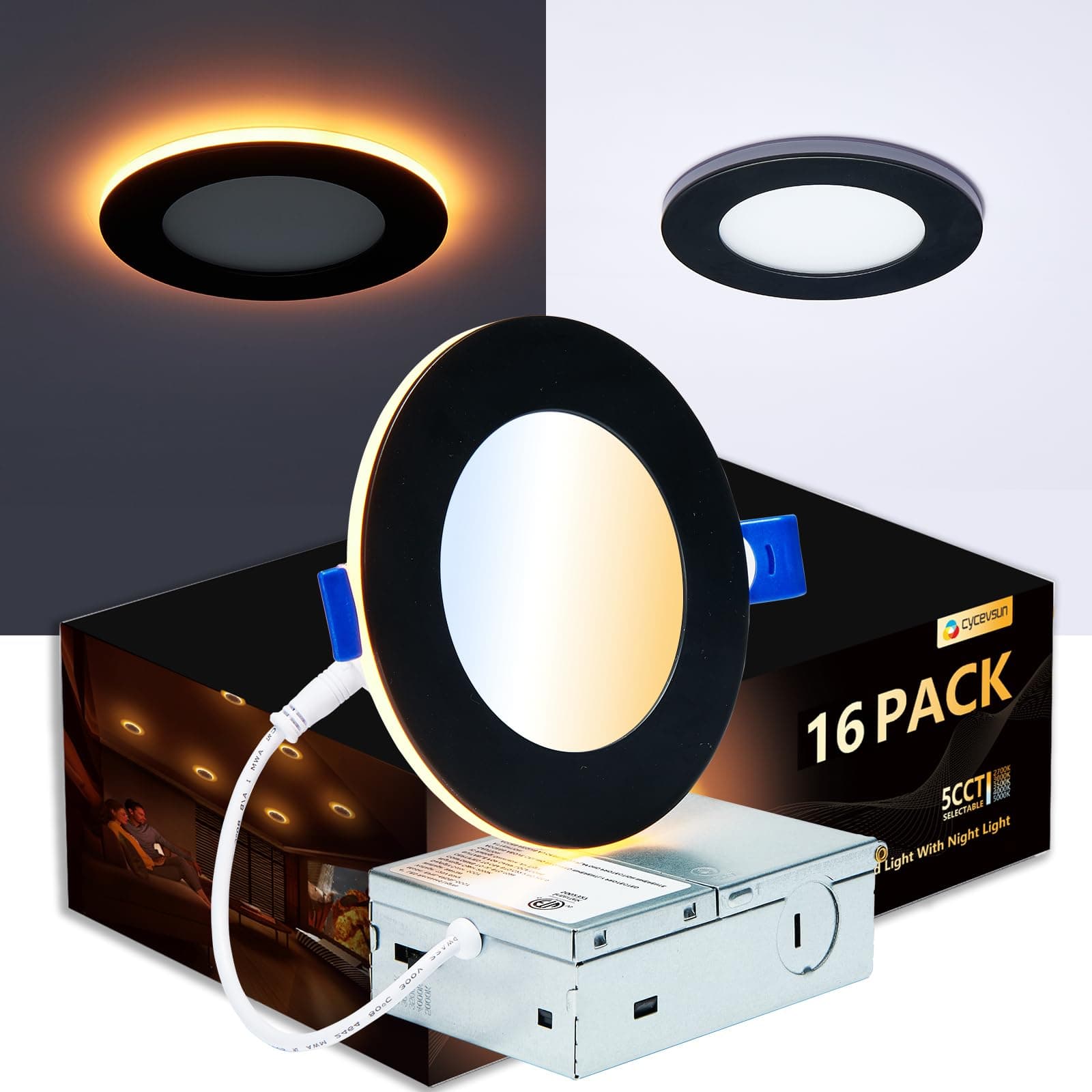 CycevSun Black Pot Lights 4 Inch Recessed Lighting with Night Light, 16 Pack