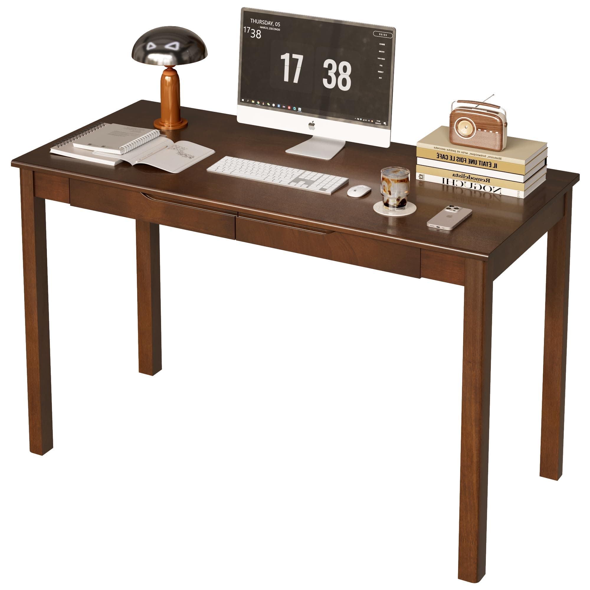 ENPKLUTE Solid Wood Desk with Drawers - 47 x 22 Inch Vintage Desks, Mid Century Modern Desks, Rubber Wood Study Table, Writing Desk with Drawers for Bedroom|Any Spaces - Walnut Color