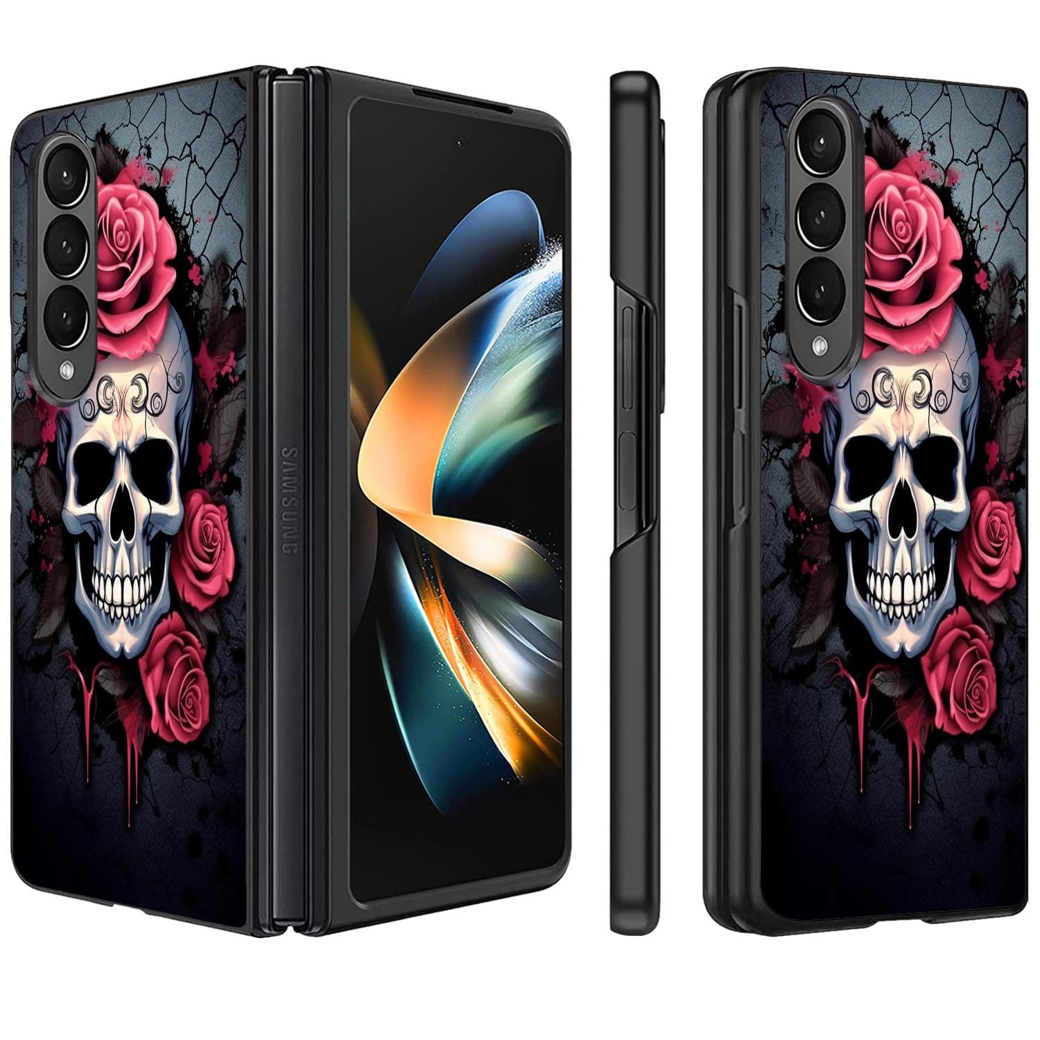 ZXHSBROK for Samsung Galaxy Z Fold 4 Phone Case, Slim Fit Hard PC Shockproof Anti-Scratch Fold Protective Case for Samsung Galaxy Z Fold 4 5G 2022, Skull Rose