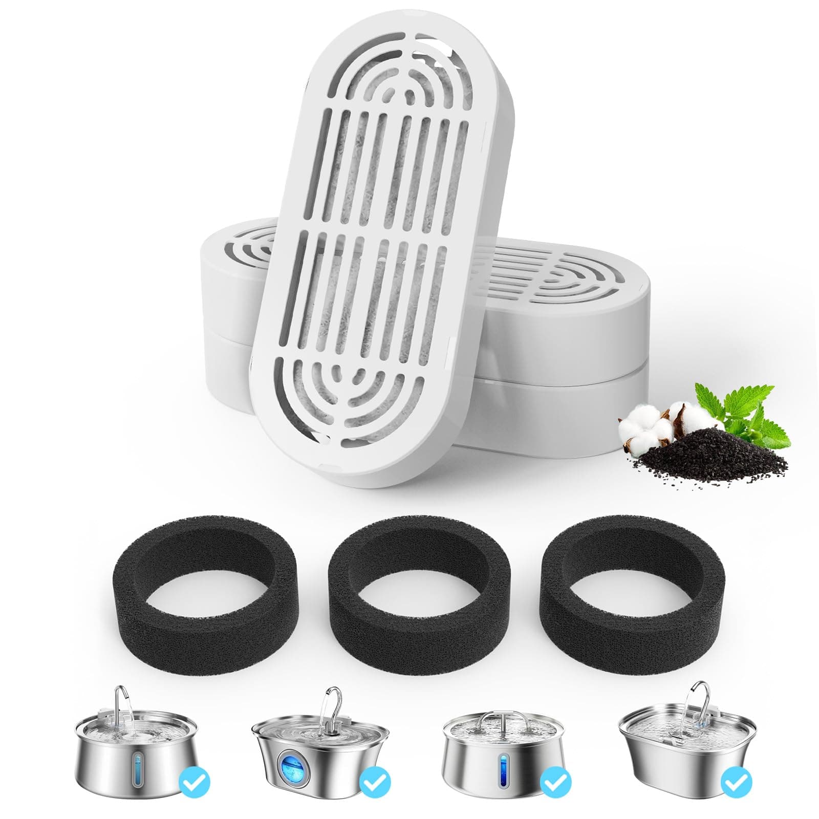 3 Packs Cat Water Fountain Filter for 3.2L/108oz Cat Drinking Fountain and 4L/134oz Stainless Steel Pet Water Fountain(3 Filters & 3 Pre-Filter Sponges)