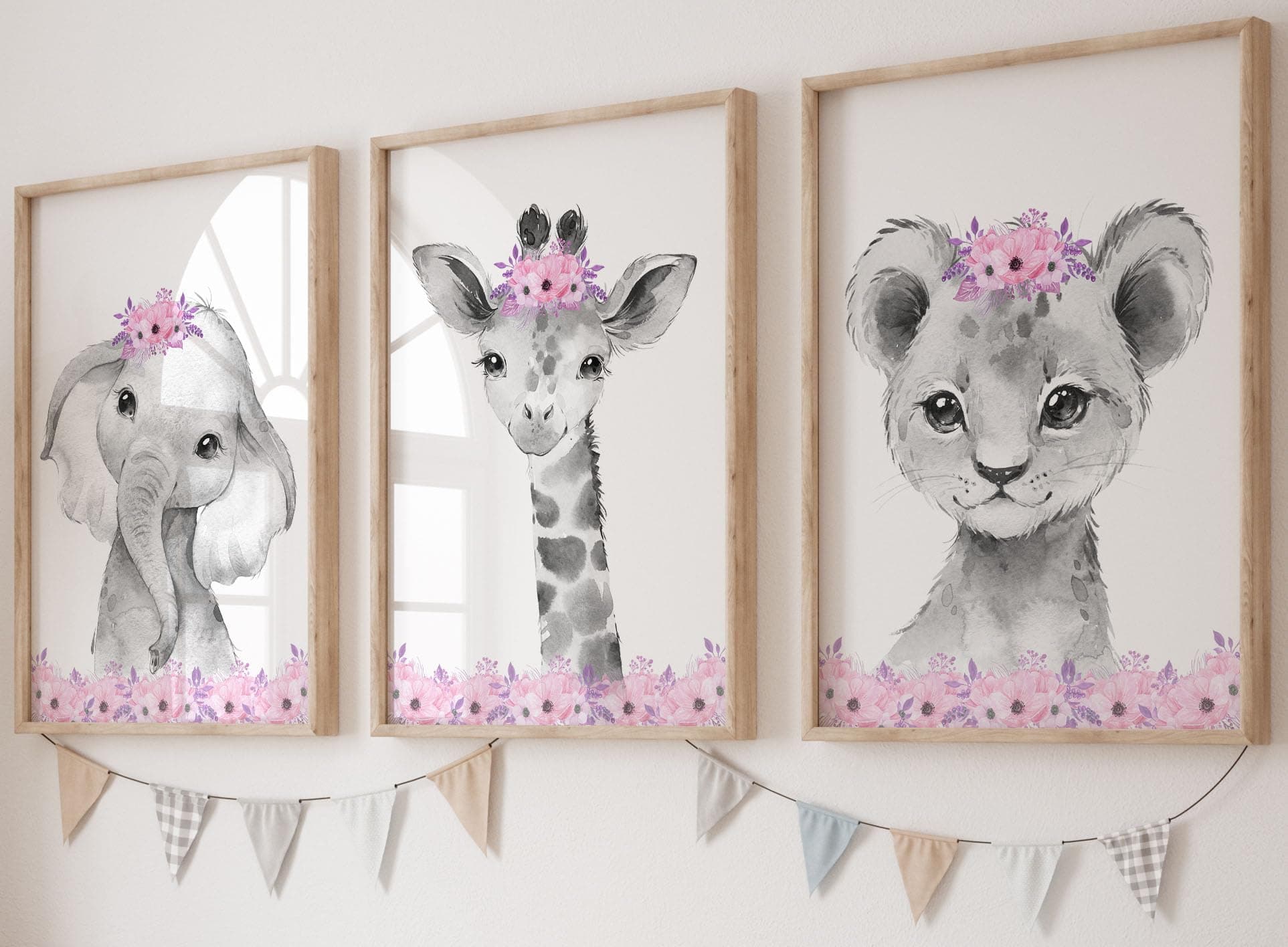 Safari Animals Baby Girls Nursery Set of 3 Unframed Wall Art Prints, Gray Baby Animals with Pink Flowers, Child Bedroom Nursery Decor Posters, Giraffe Elephant Lion (8x10)