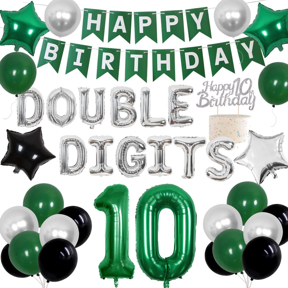 10th Birthday Decorations Green for Boys Girls, Double Digits Birthday Party Supplies, Happy Birthday Banner and Cake Topper, Birthday Balloon Set for 10 Year Old Birthday Decor