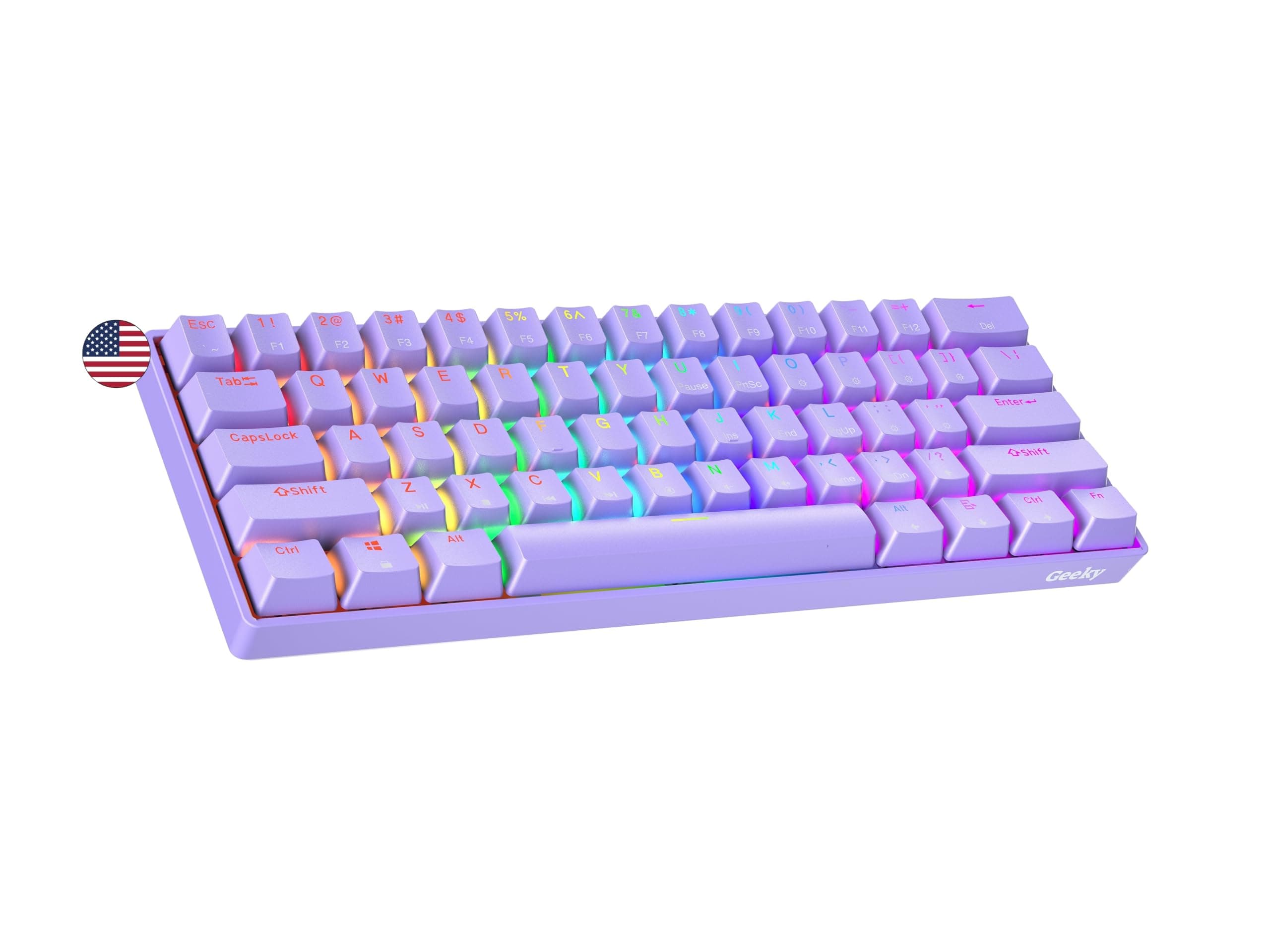 Geeky GK61 SE 60% | Mechanical Gaming Keyboard | 61 Keys Multi Color RGB LED Backlit for PC/Mac Gamer | ANSI US American Layout (Lavender, Mechanical Speed Yellow)