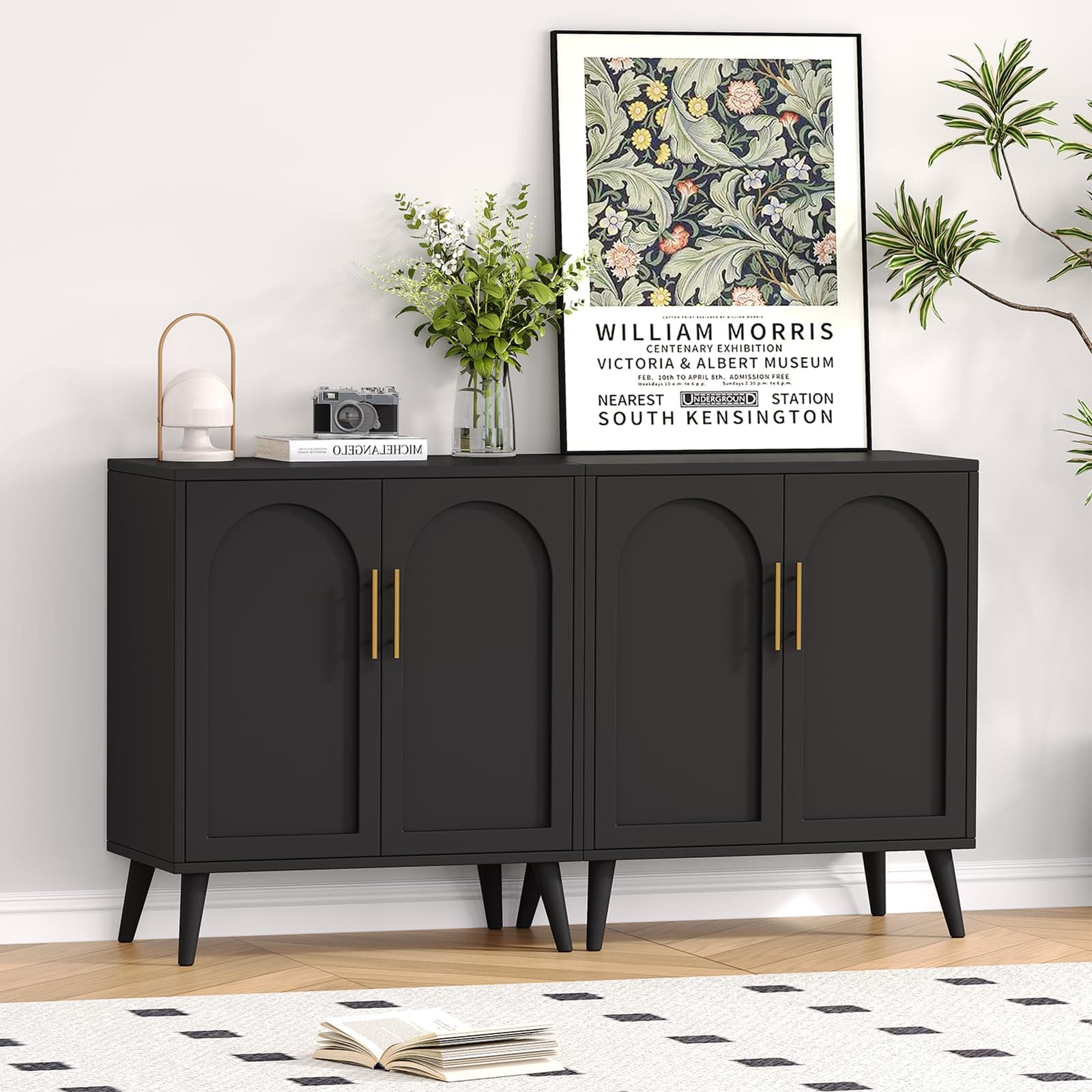 Rovaurx Set of 2 Storage Cabinet with 4 Doors, Modern Accent Bathroom Floor Cabinet, Buffet Cabinet Sideboard with Adjustable Shelves for Living Room, Entryway, Dining Room and Kitchen, Black