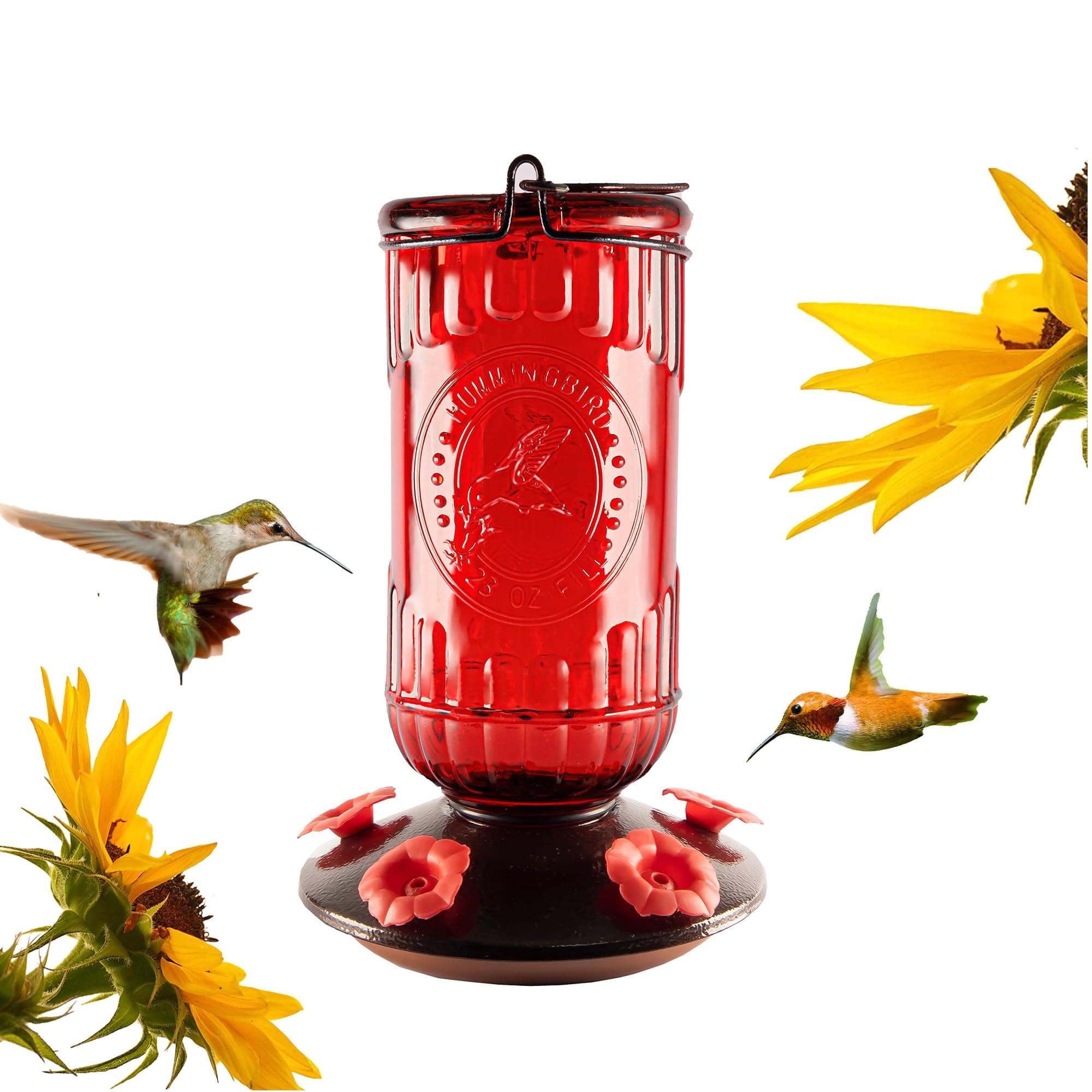 Nature's Rhythm Bird Feeder Vintage Red Antique Glass Bottle Hummingbird Feeder 5 Feeding Ports and 23-Ounce Nectar Capacity Per Feeder