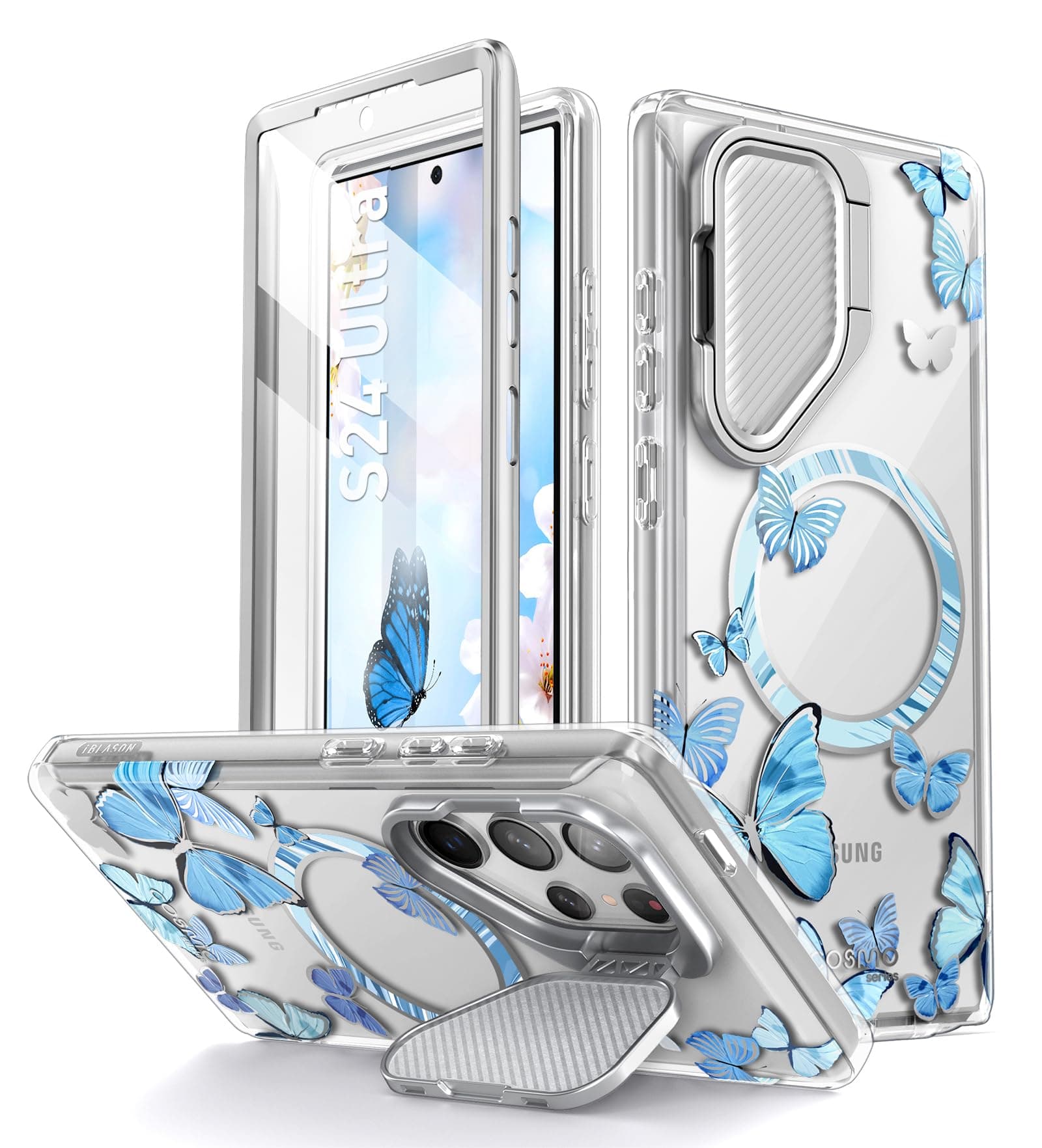 i-Blason Cosmo for Samsung Galaxy S24 Ultra Case with Camera Cover Stand, [Support MagSafe] Stylish 360 Full Case with Screen Protector & Kickstand Magnetic Phone Case for S24 Ultra, Bluefly