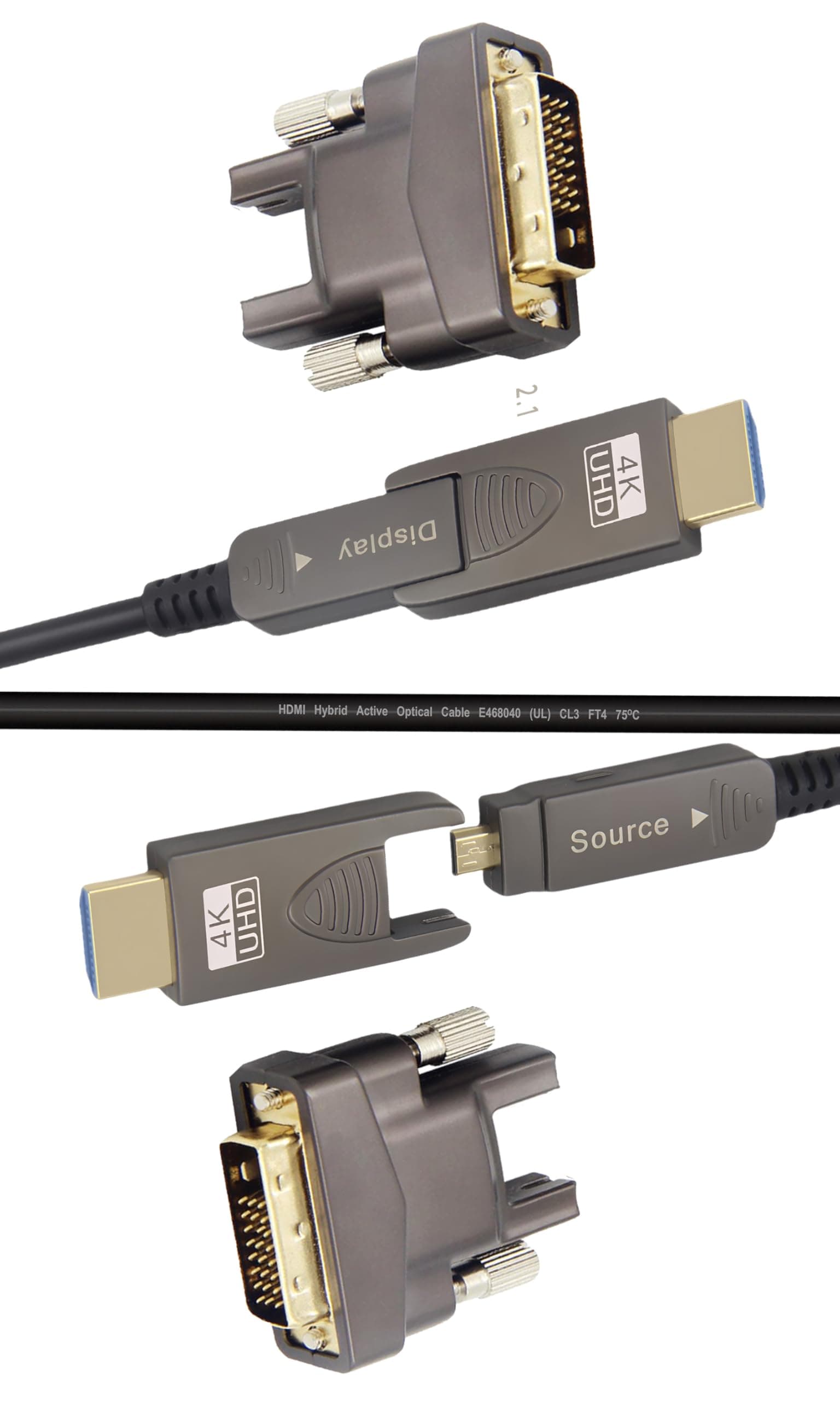 HDMI AD + DVI D 200ft 4K Adapters Cable, Fiber Optic, Detachable, Micro HDMI to DVI 18Gbps Ultra Speed, Slim Flexible, Long Extended, for Projector TV Xbox PS Camera