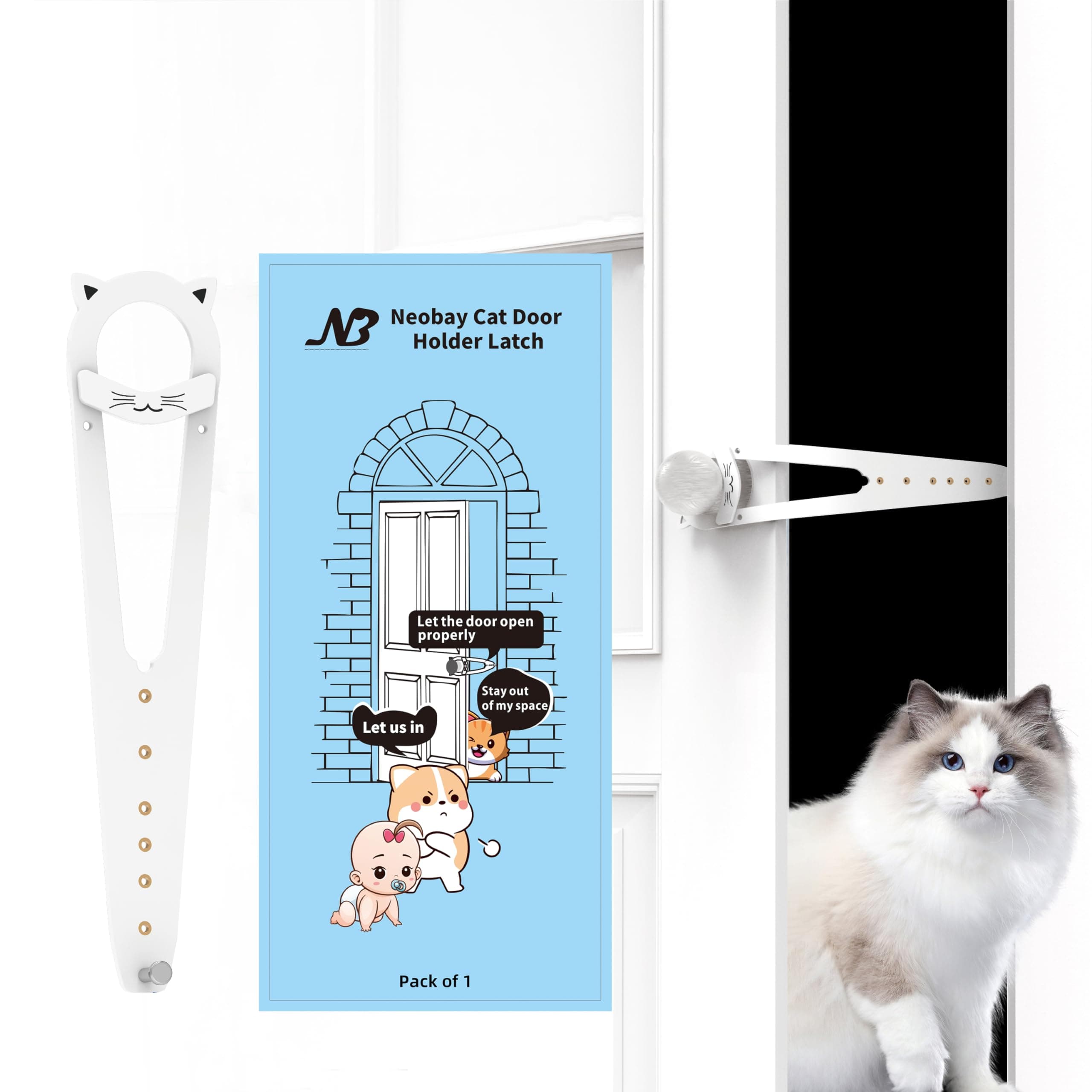 Neobay Cat Door Latch with Stabilizer, 7 Sizes Adjustable Cat Door Holder Latch to Keep Dog Out of Litter Box, Economical Alternative of Pet Gates and Interior Cat Door, White, 1 Pack