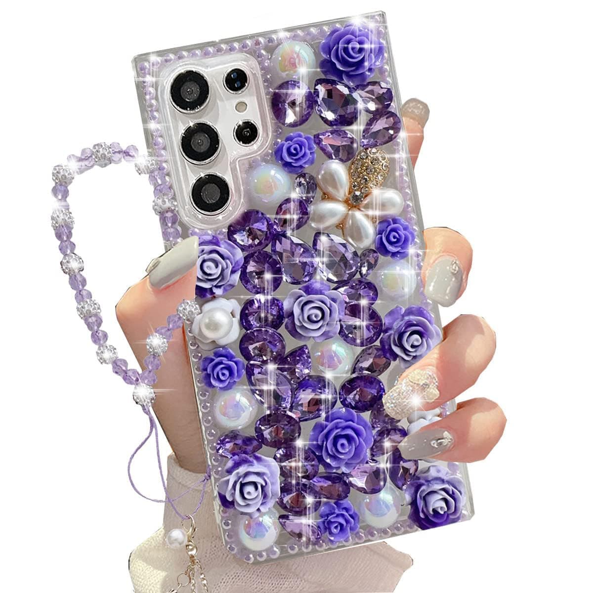 Changjia for Samsung Galaxy S24 Ultra Glitter Bling Case,Cute Luxury 3D Sparkle Crystal Rhinestone Flower Diamond Pearl with Lanyard Wrist Strap Women Girls Case for Galaxy S24 Ultra 6.8 Inch (Purple)