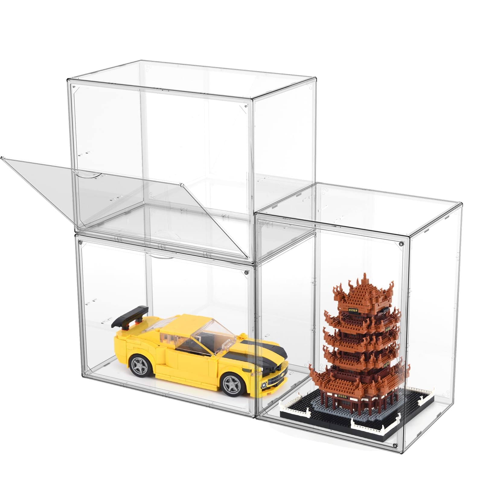 3 Pack Display Case Fits for Lego, Perfect for Showcasing Lego, Toy Building Sets, Building Blocks, Dolls and Collections, Clear Display Box with Magnetic Lid, Stackable and Dustproof Display Box