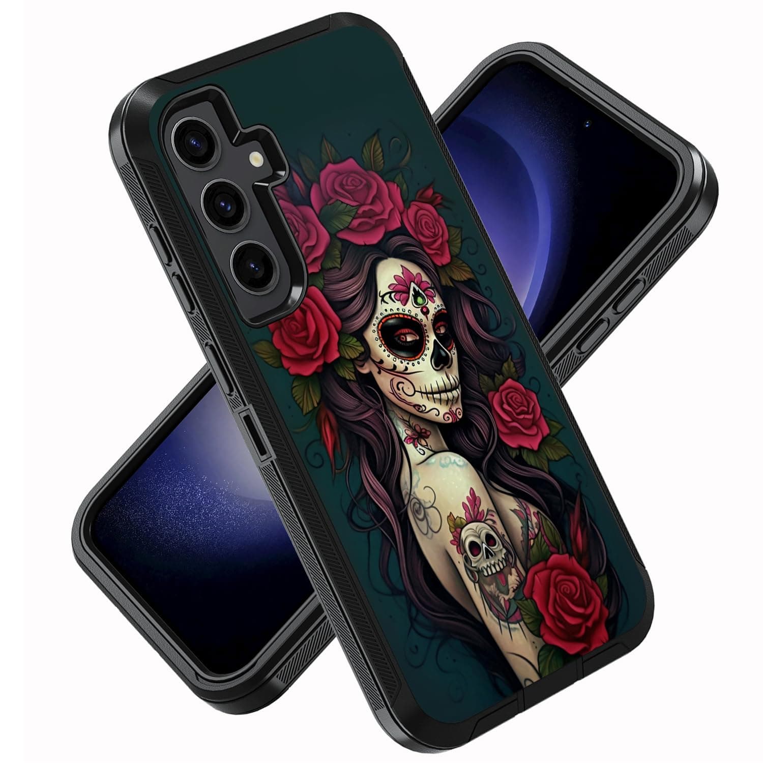 ZXHSBROK for Samsung Galaxy S25+/S25 Plus Case, Military Grade Heavy Duty 3-Layer Shockproof Drop Protective Cover for Samsung Galaxy S25 Plus (6.7", 2025), Sugar Skull Girl Roses