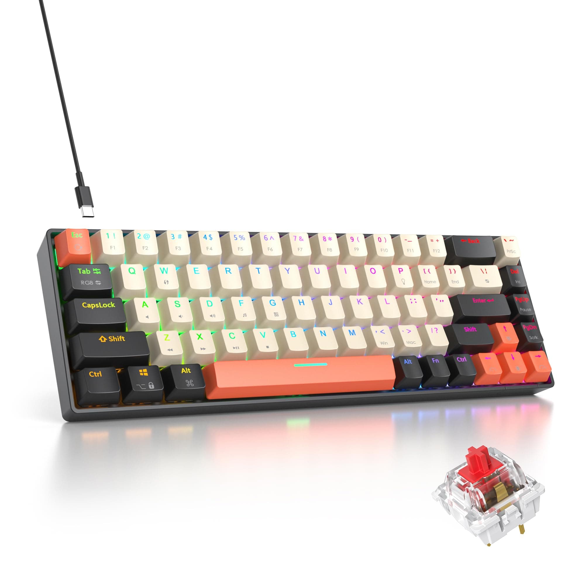 iRoboosta Orange Mechanical Gaming Keyboard 65 Percent, Red Switch RGB Keyboard 65%, 68 Keys Small Wired Keyboard, PBT Keycaps Anti-Ghosting Mini Keyboard for Game/Office (68 Carbon)