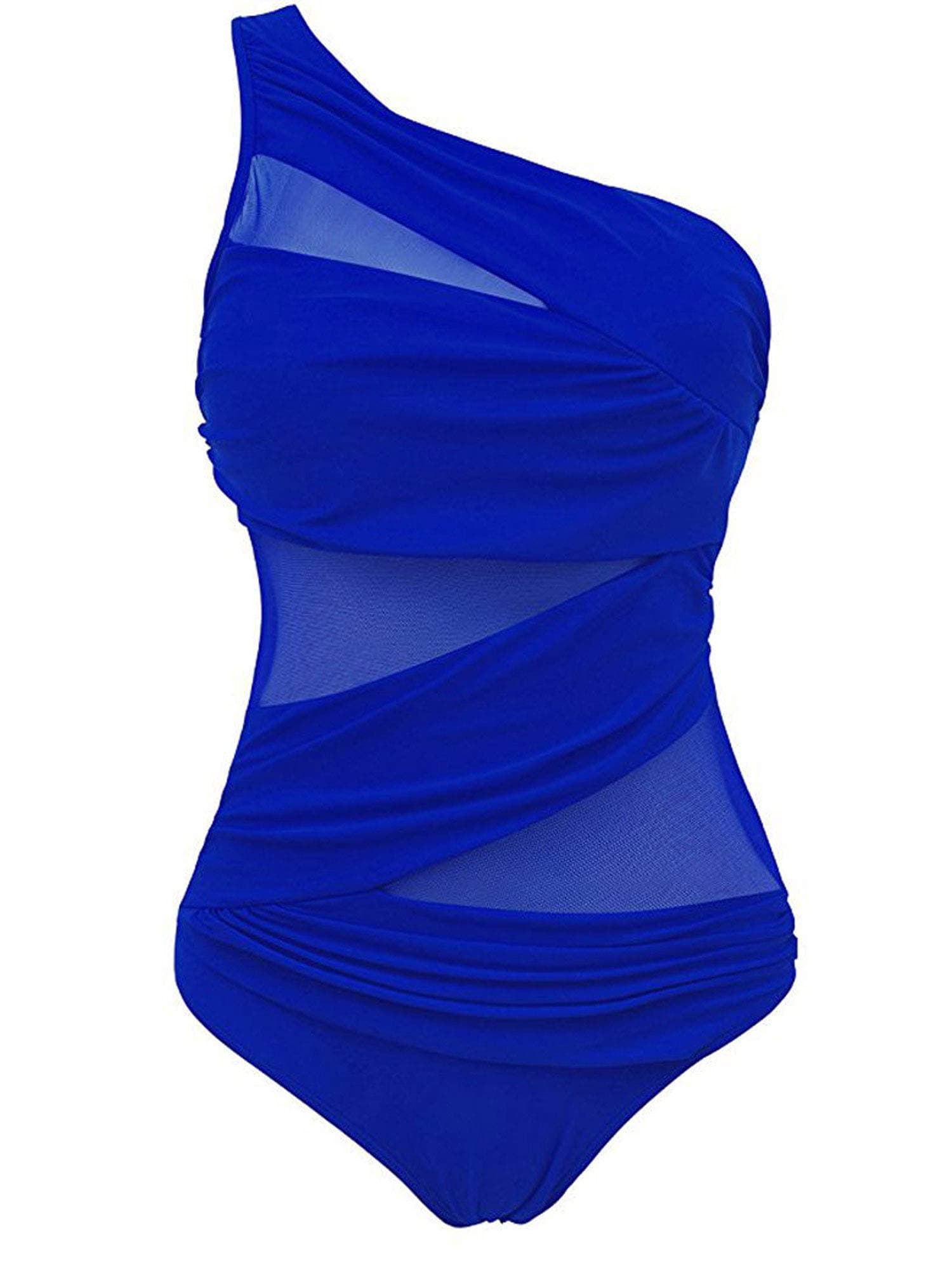CHOSERL Women´s One Shoulder Swimwear Monokini Swimsuit See Through Mesh Bikinis One Piece Swimming Costume (Navy Blue, XXL)
