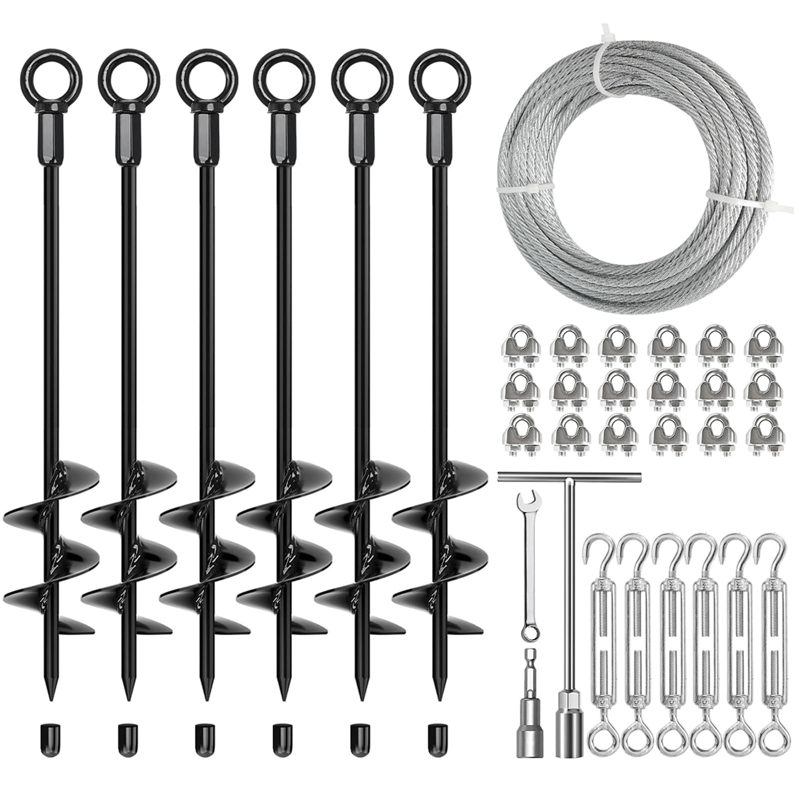 Ground Anchors Heavy Duty 18" Set of 6, Shed Anchor Kit with 1/8" Galvanized Cable & Turnbuckles, Earth Anchors Welder The Entire Length for Swingset Carport Gazebo Trampoline
