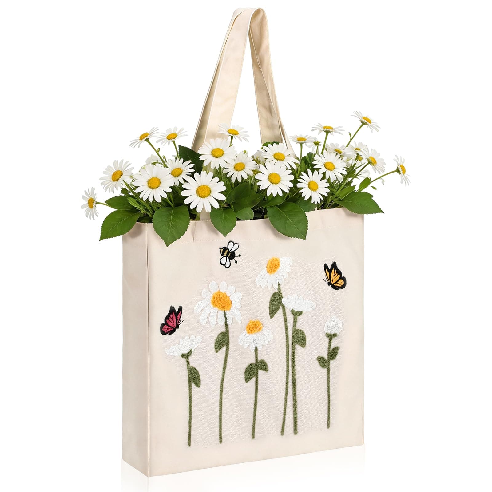 Sadnyy Embroidery Spring Canvas Tote Bag for Women Daisy Floral Tote Bag Spring Gifts Aesthetic Cute Reusable Grocery Bags with Handles for Shopping Grocery Book Gift Gym
