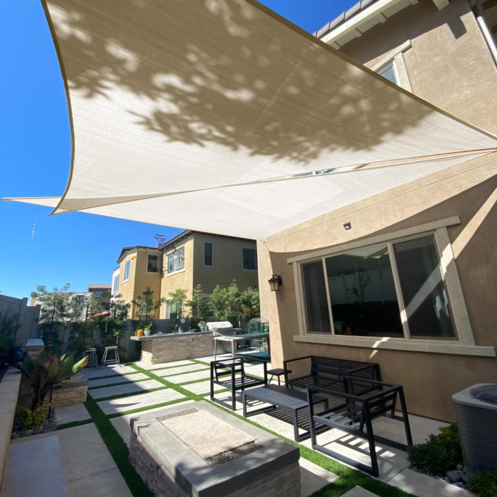 Sun Shade Sail, 20'x20'X20' Beige Triangle Outdoor Awning Shade Cover 185GSM HDPE UV Block for Patio Shading