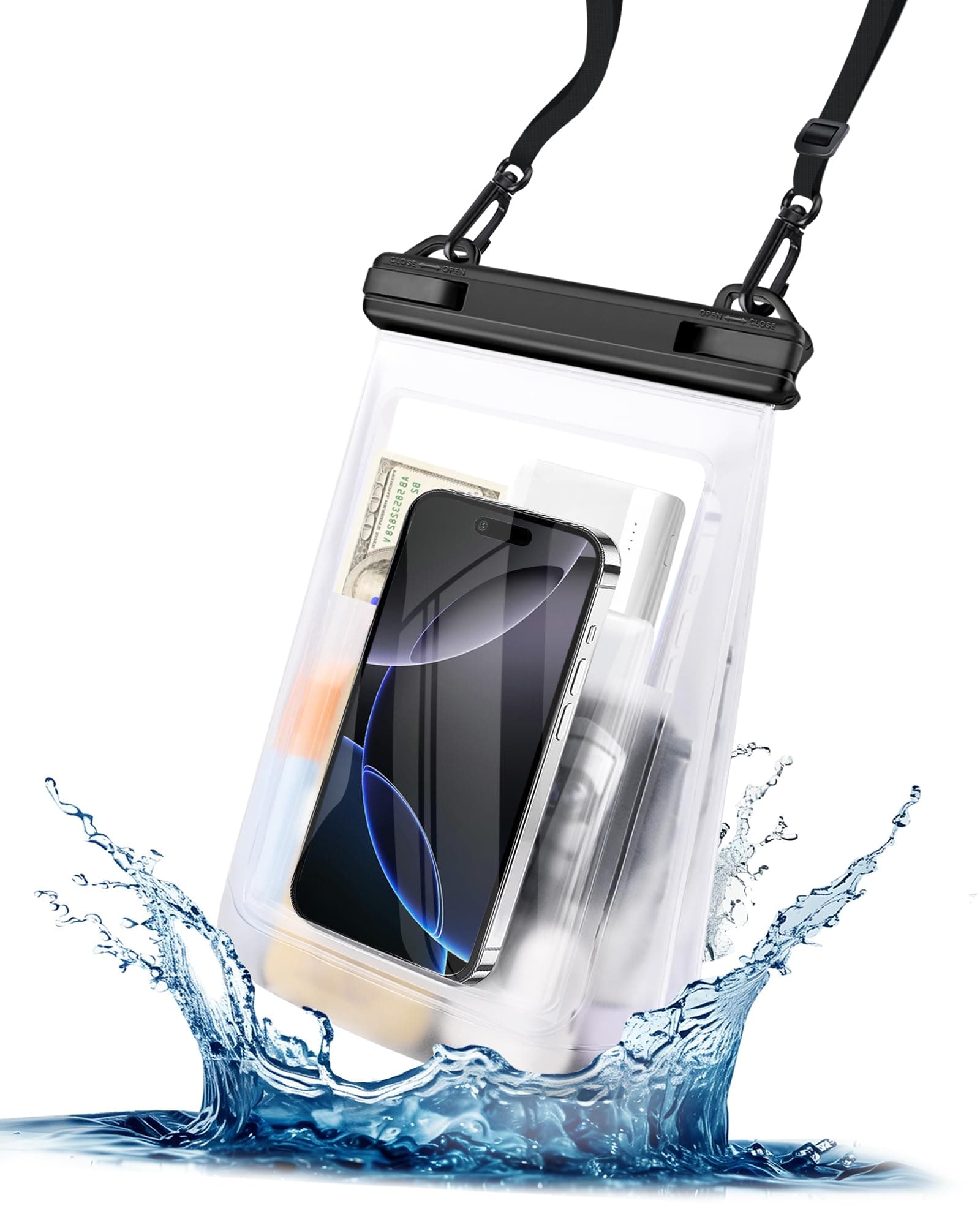 Large Waterproof Phone Pouch - [Oversized] [Floating] Waterproof Pouch for iPhone Galaxy Google and More, IPX8 Waterproof Dry Bag for Beach Vacation Belongings Black
