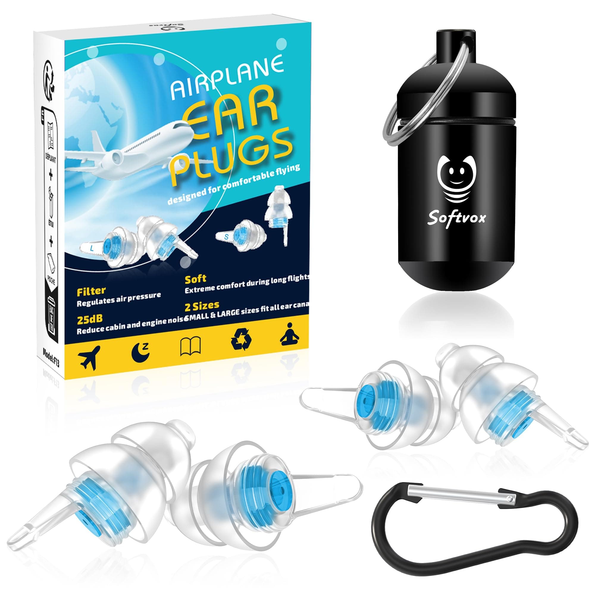 Ear Plugs for Flying Pressure Relief 2 Pairs, Prevent Ear-Pain & Reduce Noise, Airplane Travel Essentials 100x Reusable Silicone Earplugs for Adult/Kids 12+, 2 Sizes Fit All Ear Canal (Blue)