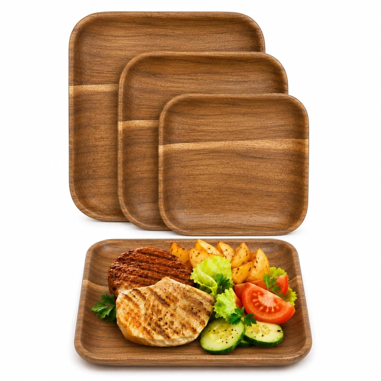 Acacia Wooden Plates Set of 3, 6/8/10 Inch Square Serving Platters for Charcuterie, Appetizers, Acacia Wood Plates, Stackable Dinnerware Trays for Kitchen, Party & Entertaining (Square Tray)