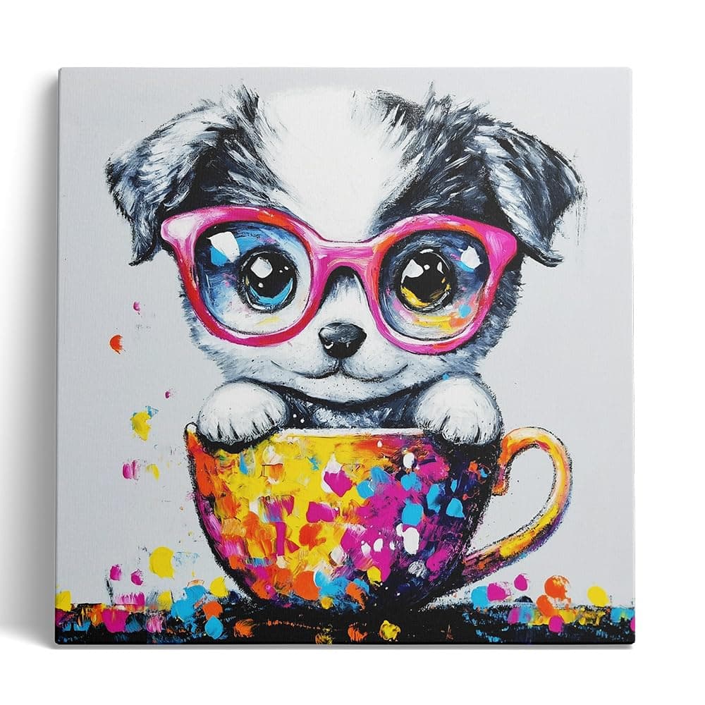Ypxzzj Cute Puppy in a Teacup Canvas Wall Art, Animal Dog Picture Prints, Cute Animal Poster Cat with Glasses, Living Room Bedroom Nursery Room Framed Ready to Hang