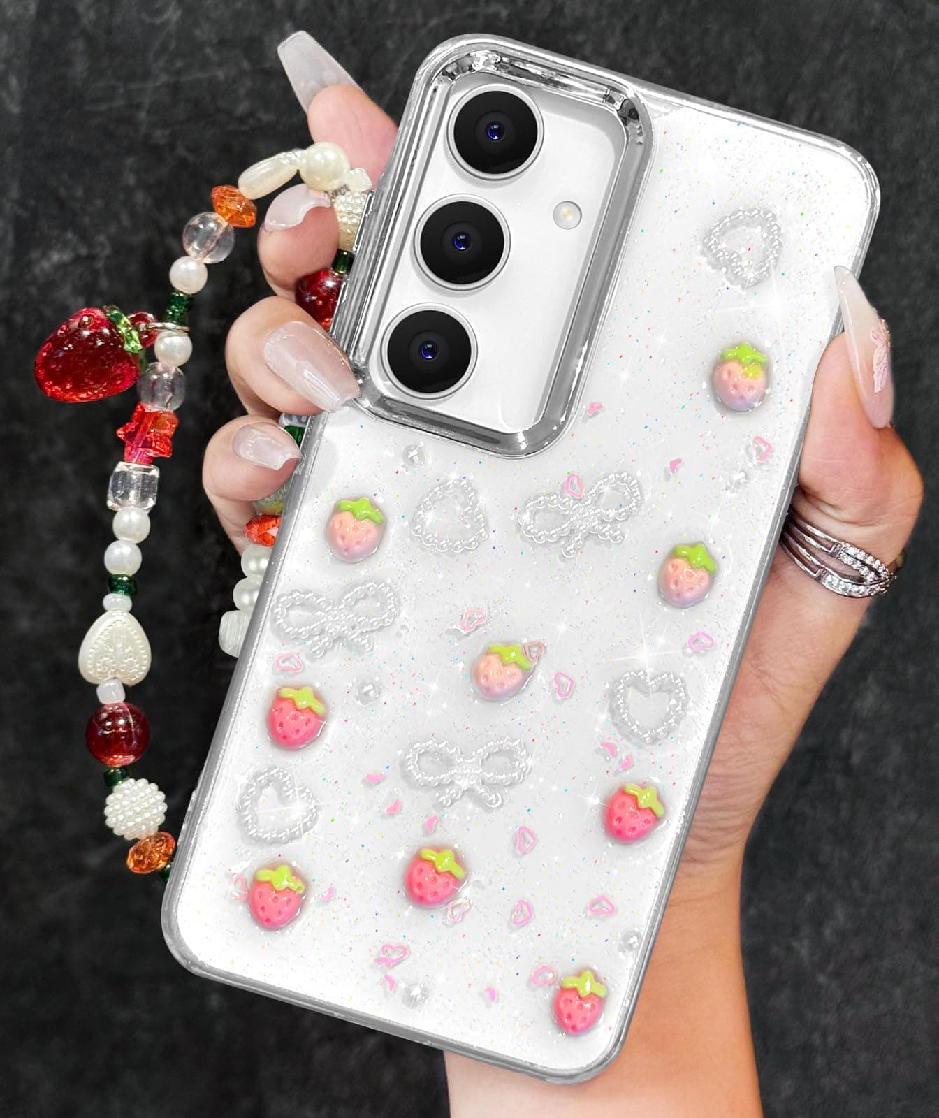 Toycamp for Samsung Galaxy A16 5G Phone Case - Women Girls Cute Clear Sparkly Girly Kawaii 3D Strawberry Design with Charm Strawberries Wrist Chain Cover Aesthetic for Samsung A16 5G Cases 6.7 Inch