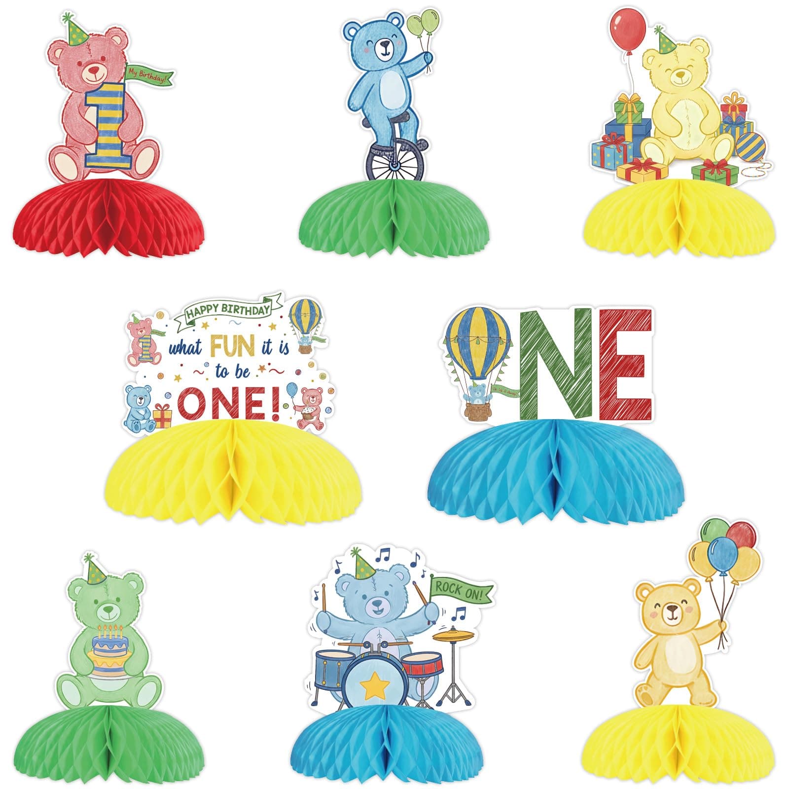 What Fun It Is To Be One Honeycomb Table Centerpieces 8pcs, Hand-Drawn Colorful 1st Birthday Decoration Double-Sided Table Decors with Cute Bears for Boys Girls First Birthday Party