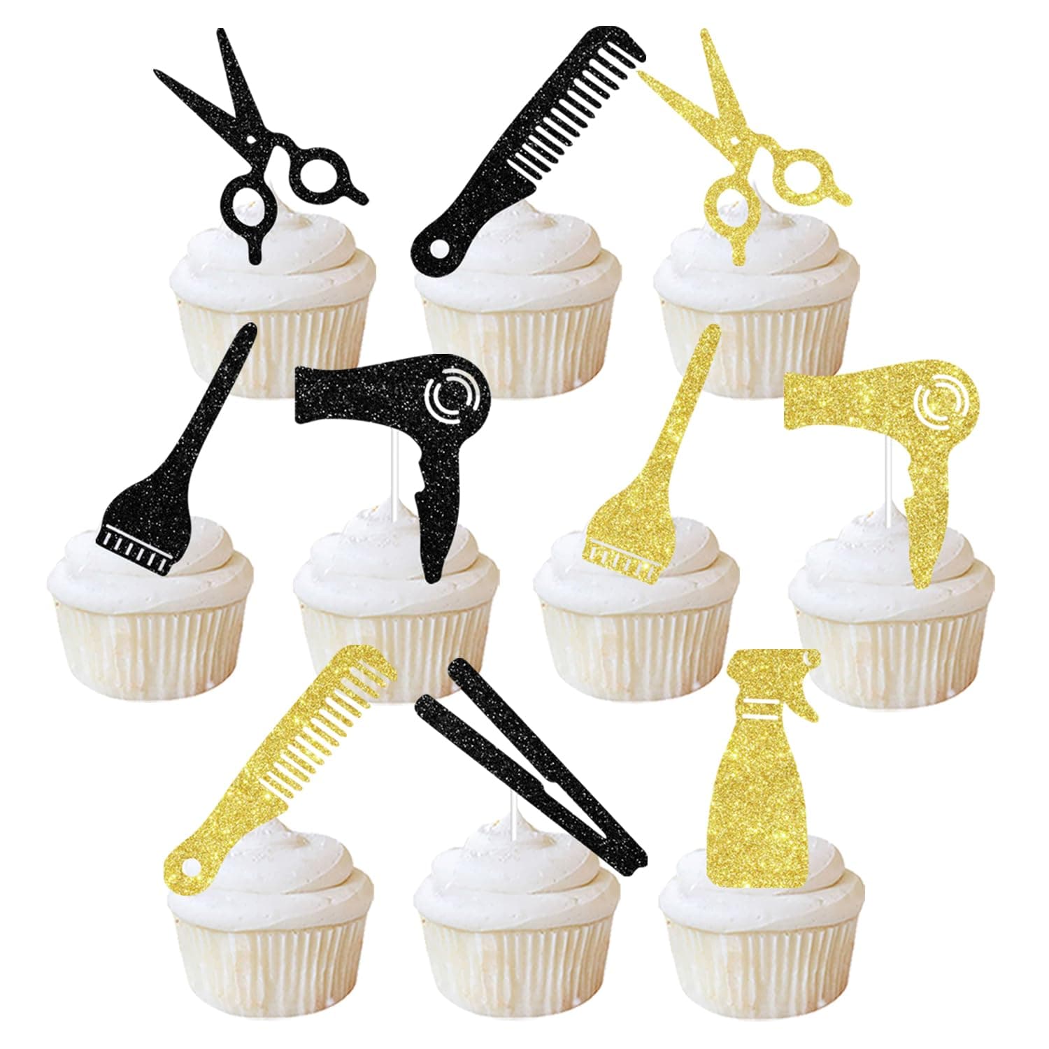 36PCS Hairdresser Cupcake Toppers, Black & Golden Glitter Barbershop Cupcake Picks, Cake Decorations for Haircut Salon/Bridal Shower/Birthday/Retirement Party, Hairstylist Party Decorations