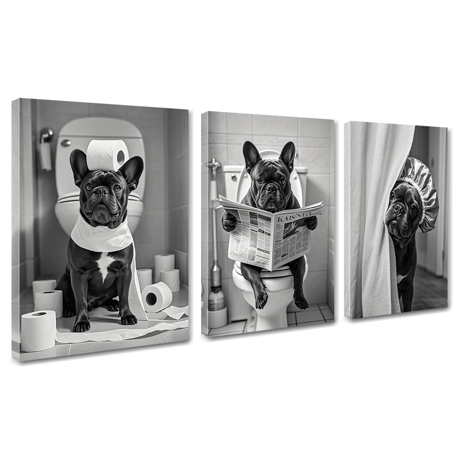 3Pcs Black and White Bathroom Wall Art French Bulldog Reading Newspaper Dog on Toilet Canvas Wall Decor Bathroom Pictures Prints Posters Artwork Toilet Restroom Wall Decorations 12x16 Inch Framed