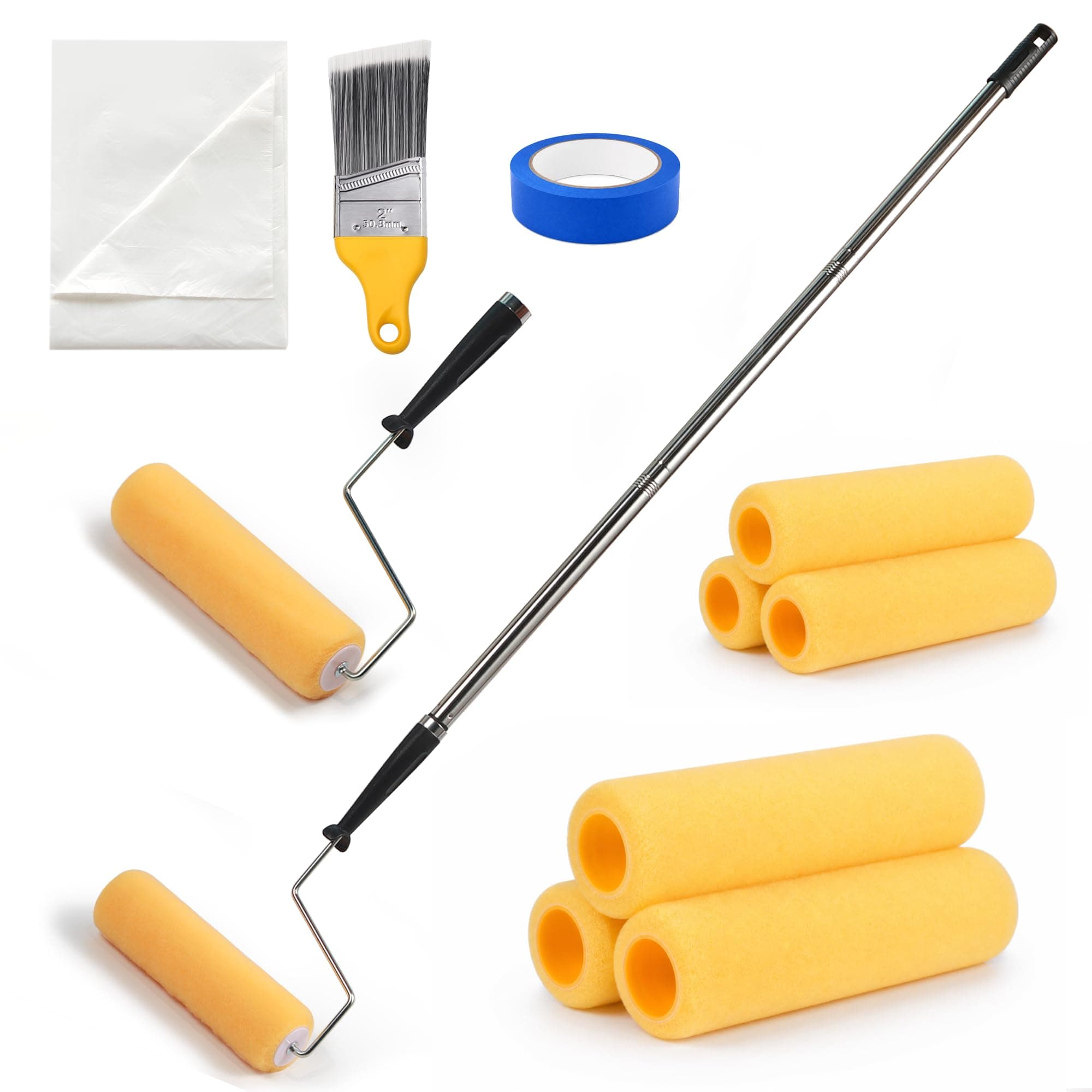 Voomey 9 Inch Paint Roller, Polyester Roller Covers with Extension Pole, 5-Wire Roller Frame, Drop Cloth and Tape, Paint Rollers Brush for Painting Walls, Painting Supplies
