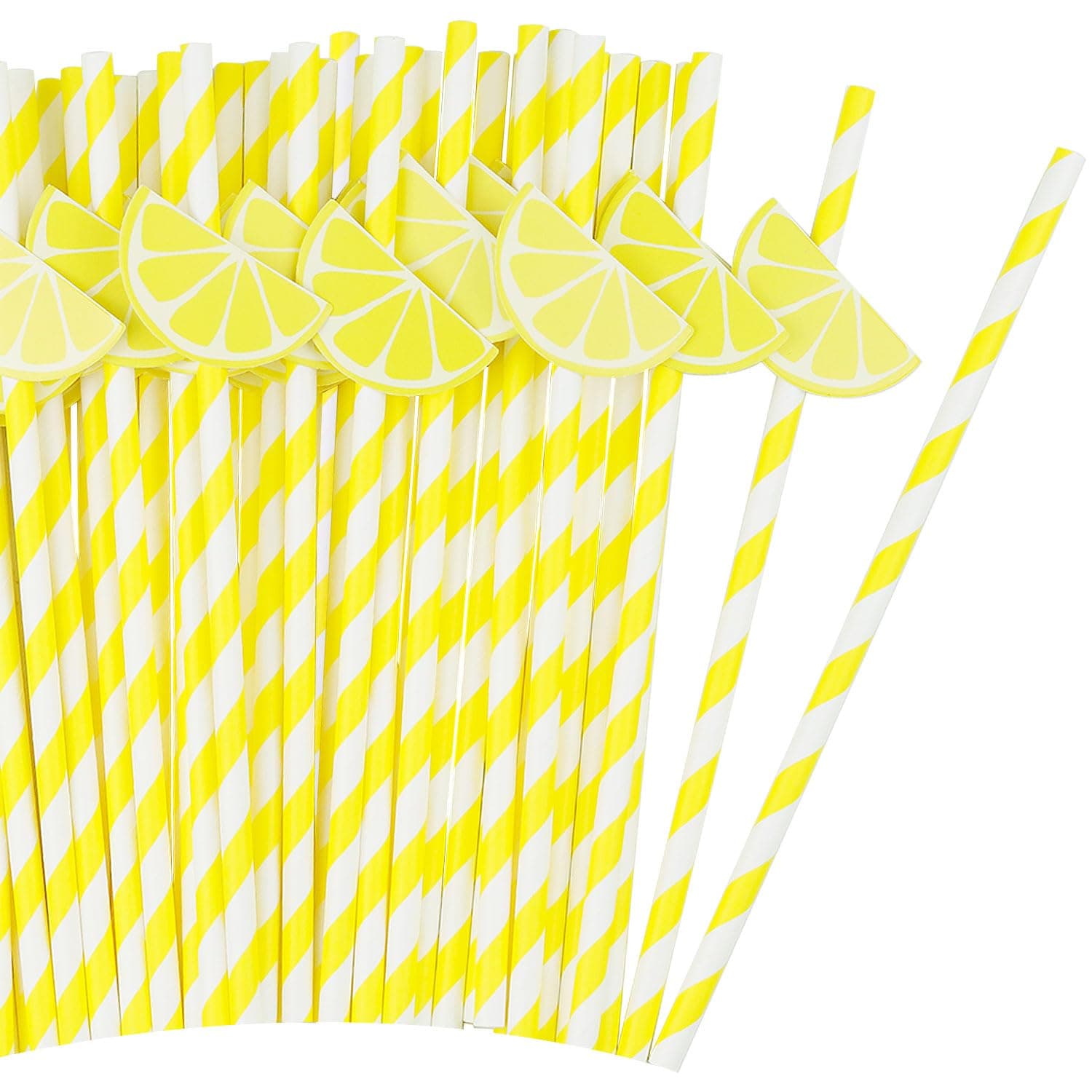 50 Pcs Lemon Striped Paper Straws Disposable Drinking Straws Lemon Fruit Straws for Fall Leaf Autumn Wedding Baby Shower Decorations Birthday Party Supplies, 0.24 X 7.76 Inches