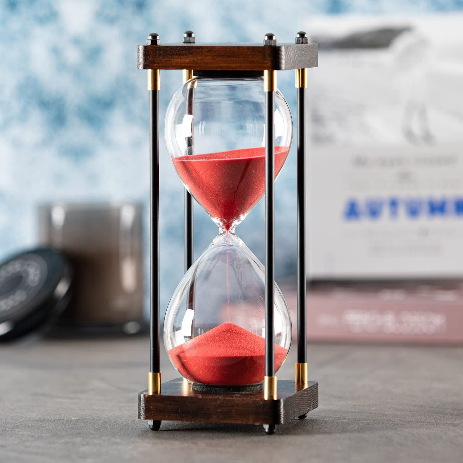 Large Hourglass Timer 60 Minute, Decorative Wooden Sand Timer with Red Sand, 1 Hour Sand Clock