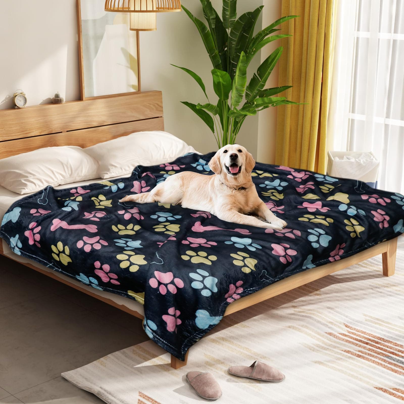 Gowyeg Dog Blankets for Large Dogs, 60"x50" Blanket Washable, Fuzzy Soft Pet Mat Throw Cover for Kennel Crate Bed, Cute Paw Pattern, Cat Blanket, Gifts Medium Small Pet Essentials, Navy Blue
