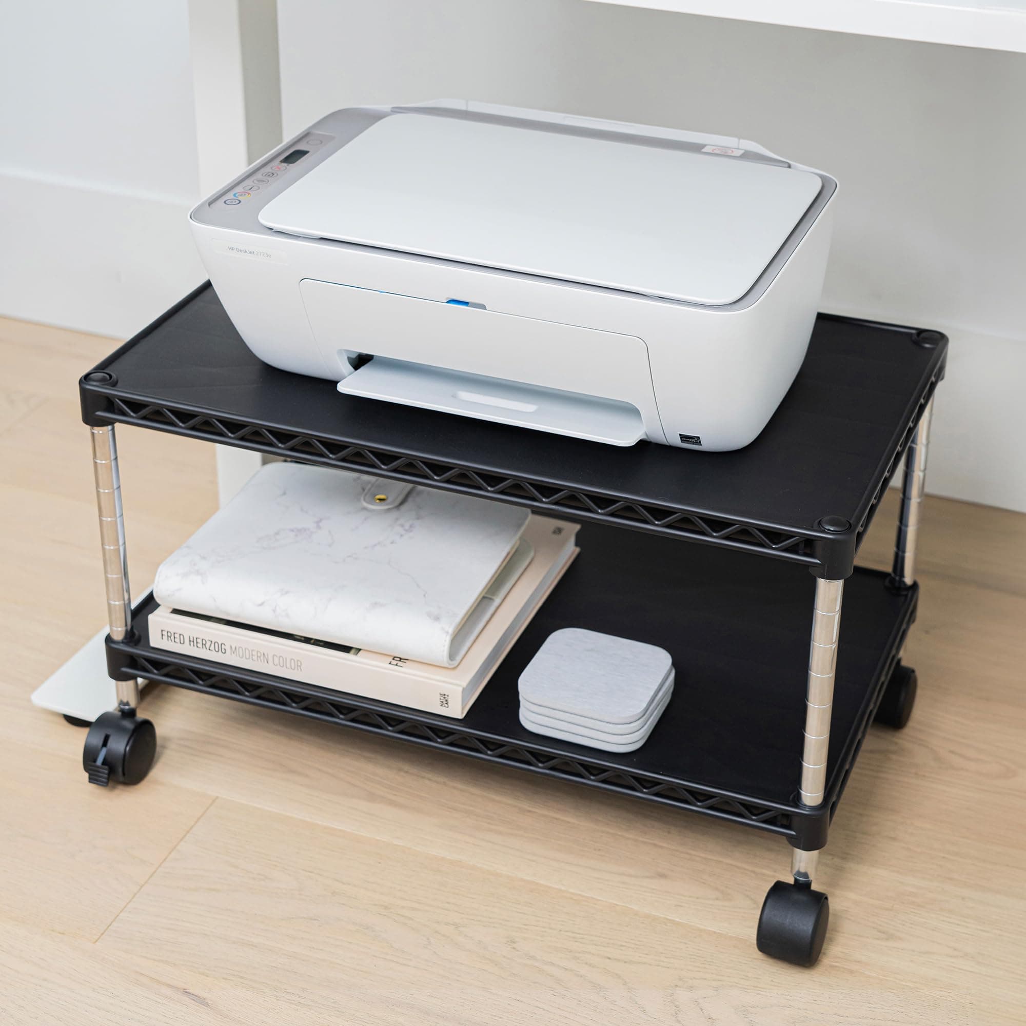 ZBRANDS Under Desk Printer Stand with Storage 24" X 14", Printer Cart, Small Printer Stand with Wheels, Small Printer Table for Home Office, Heavy Duty Low Rolling Cart, (Regular, Black)