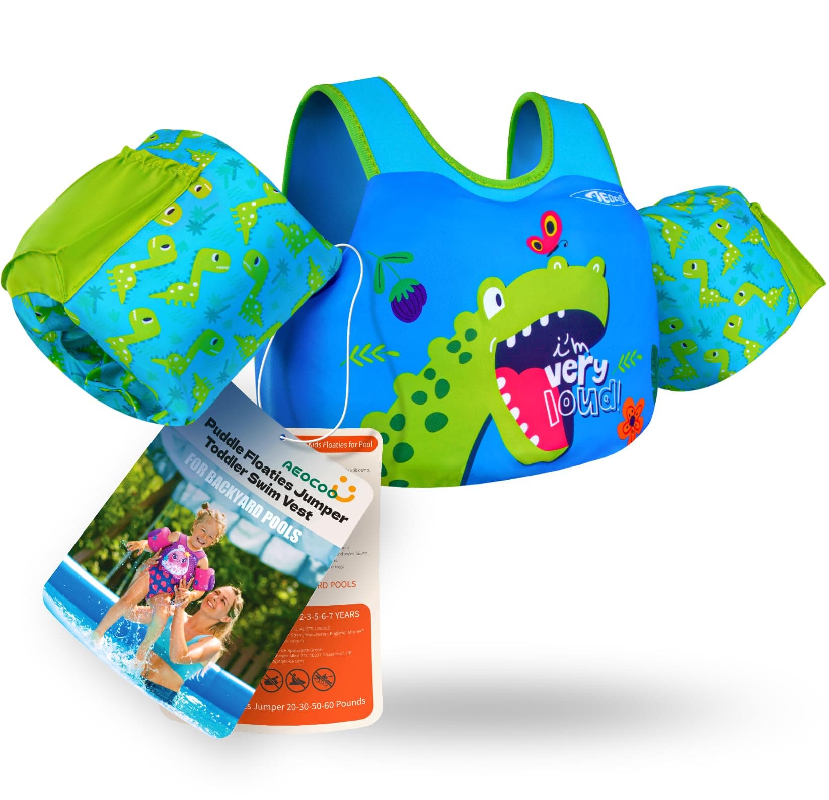AEOCOO Puddle Float Jumper 20-30 Pounds, Toddler Swim Vest for 18Months-2Years Old, Pool Floats with Swimming Arm Floaties Swim Jacket with Water Wings for Kids Swimmies, Boys, Girls, Niños, Dinosaur
