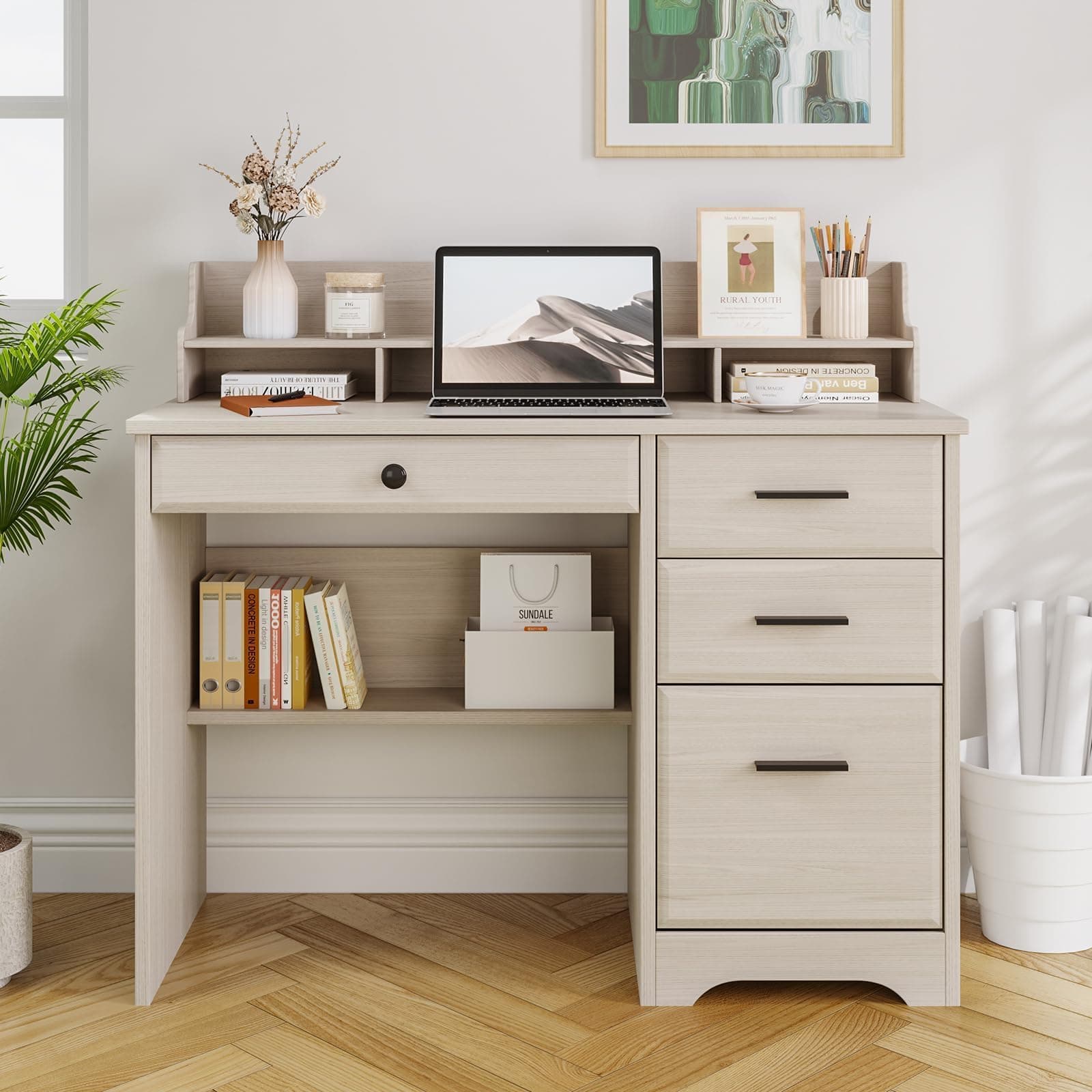 4 EVER WINNER Small Desk with Drawers, Computer Desk with File Cabinet & Monitor Stand for Home Office, Wood Writing Study Office Desks for Bedroom, Off White