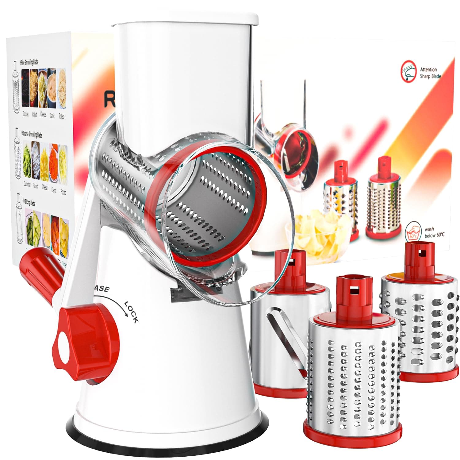 Cambom Rotary Cheese Grater Hand Crank Cheese Shredder for Fresh Cheese, Vegetable, Nuts,Non-Slip Suction Base, Free Cleaning Brush Three Blades,Red White