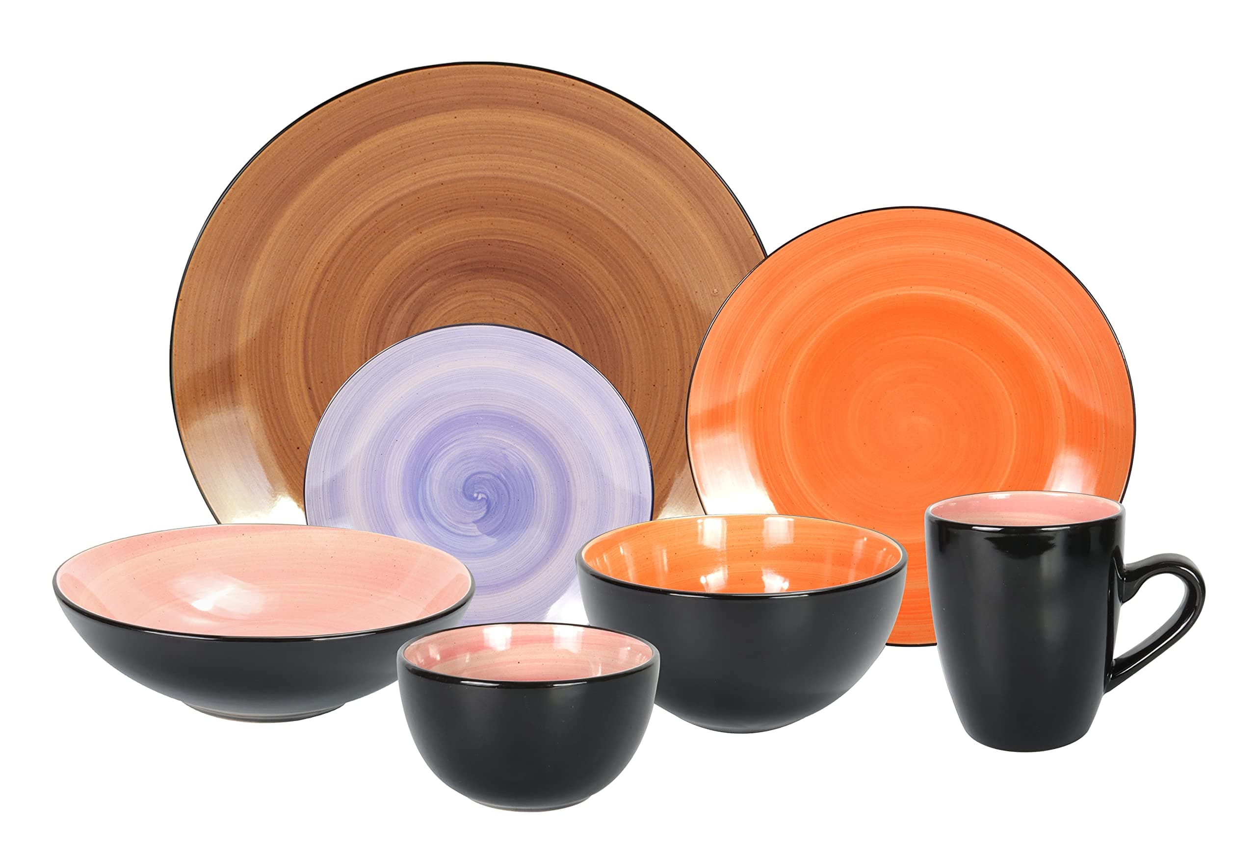 HomeVss, Stoneware Sonoma Dinnerware Set, Black + Speckled Spin Wash (56pc Set, Mix Cobalt, Mocha, Rose, Spice)