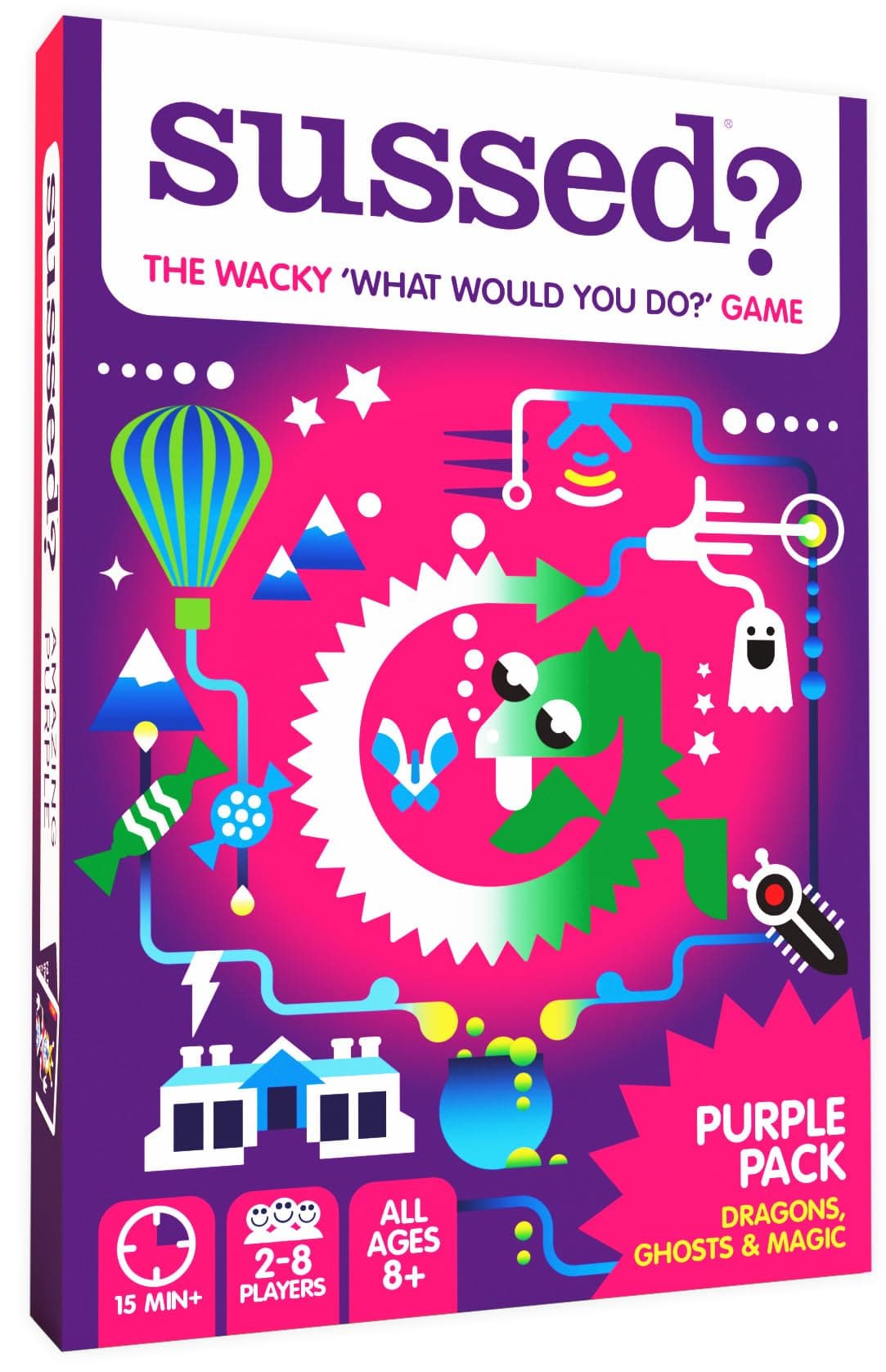 SUSSED Wacky ‘What Would You Do’ Card Game - Fun & Easy Travel Game for Girls, Boys & Tweens - Builds Kids’ Social Skills & Confidence - Purple Pack: Dragons, Space & Magic