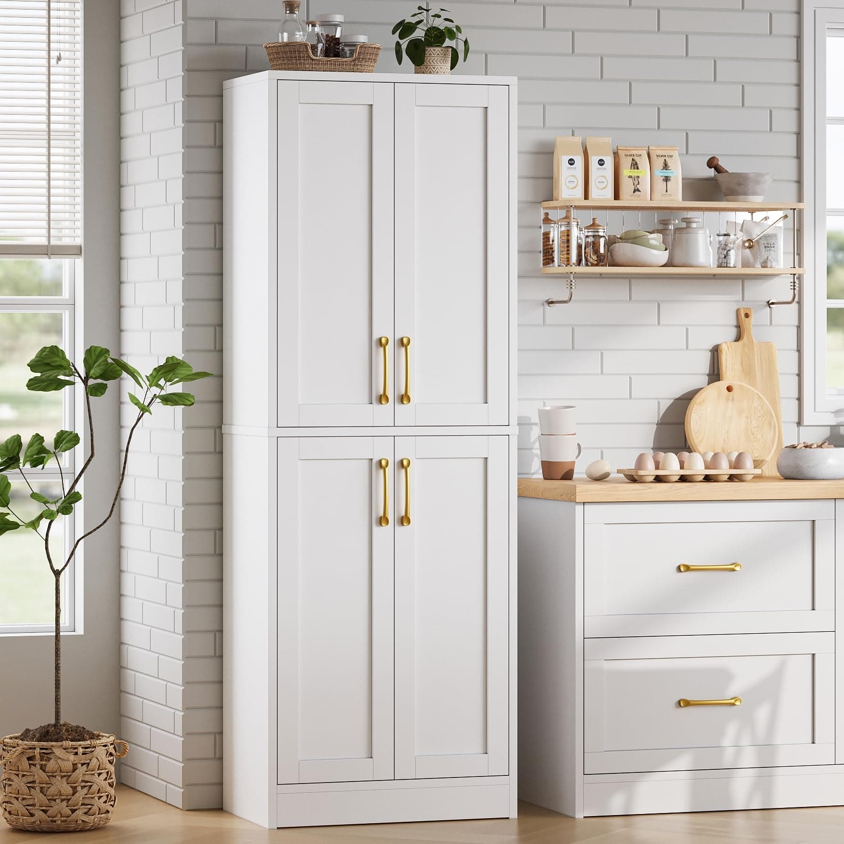 Homzbesy Pantry - Kitchen Pantry Cabinet with 4 Doors and Adjustable Shelves, Tall Black Cabinet Freestanding Storage Cupboard for Dining Room Living Room, Laundry, Bathroom (White)